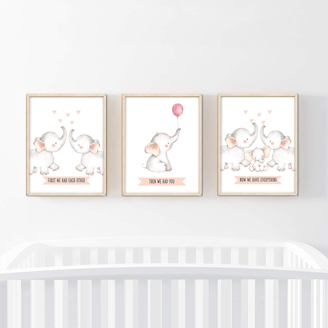Kids Room Wall Art Decor - 3-Pack Unframed Nursery Posters (8.5x11 Inch) with Girl Elephant Graphic & Inspirational Quote 'First We Had Each Other Then You Now We Have Everything' - Perfect for Baby Shower Gifts, Children's Bedroom Decor & Playroom Wall Decor