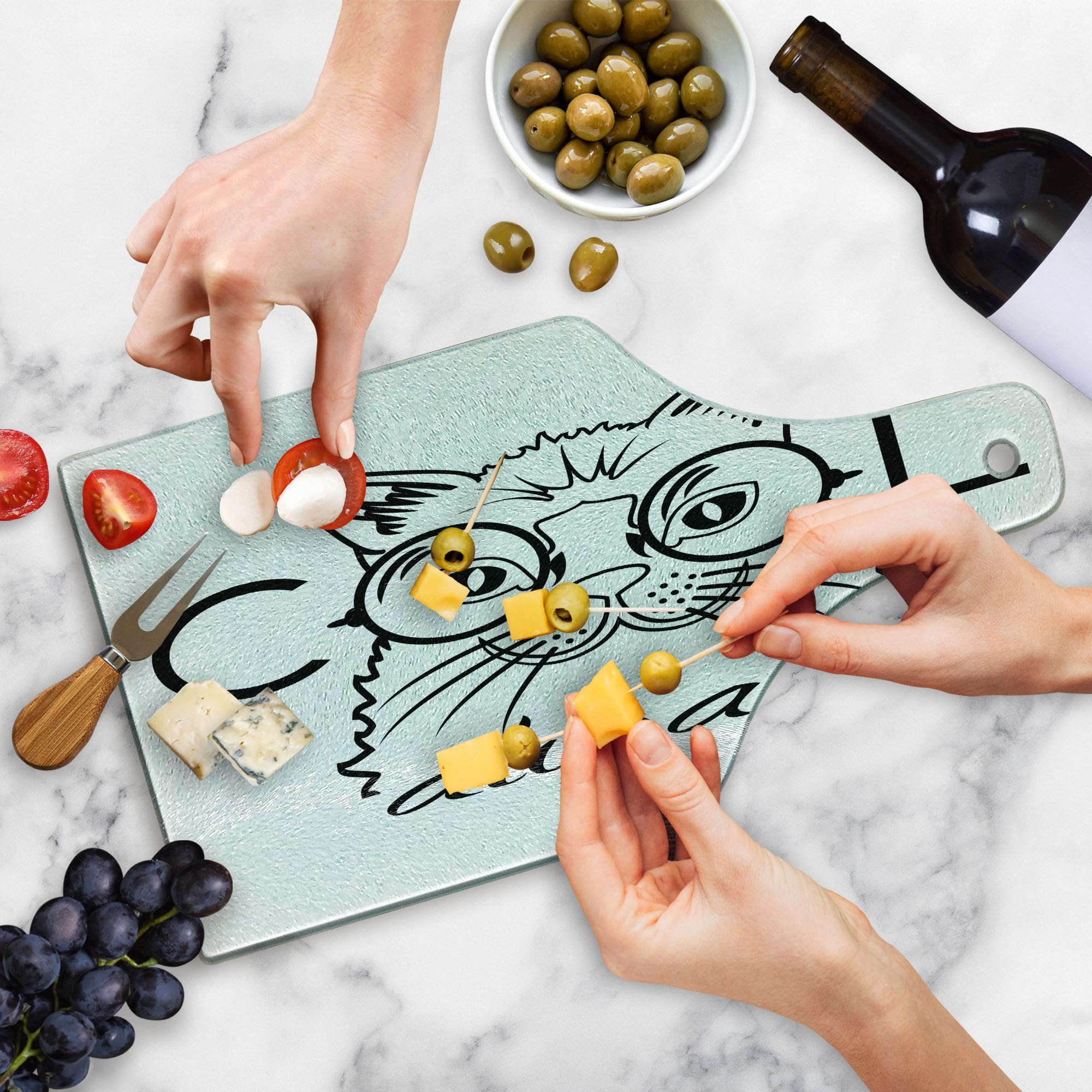 Lunarable Cat-Themed Tempered Glass Cutting Board - Hipster Kitty in Glasses Design, Black & White Wine Bottle Shape for Serving & Decor | Perfect for Kitchen, Dining, and Gift Giving