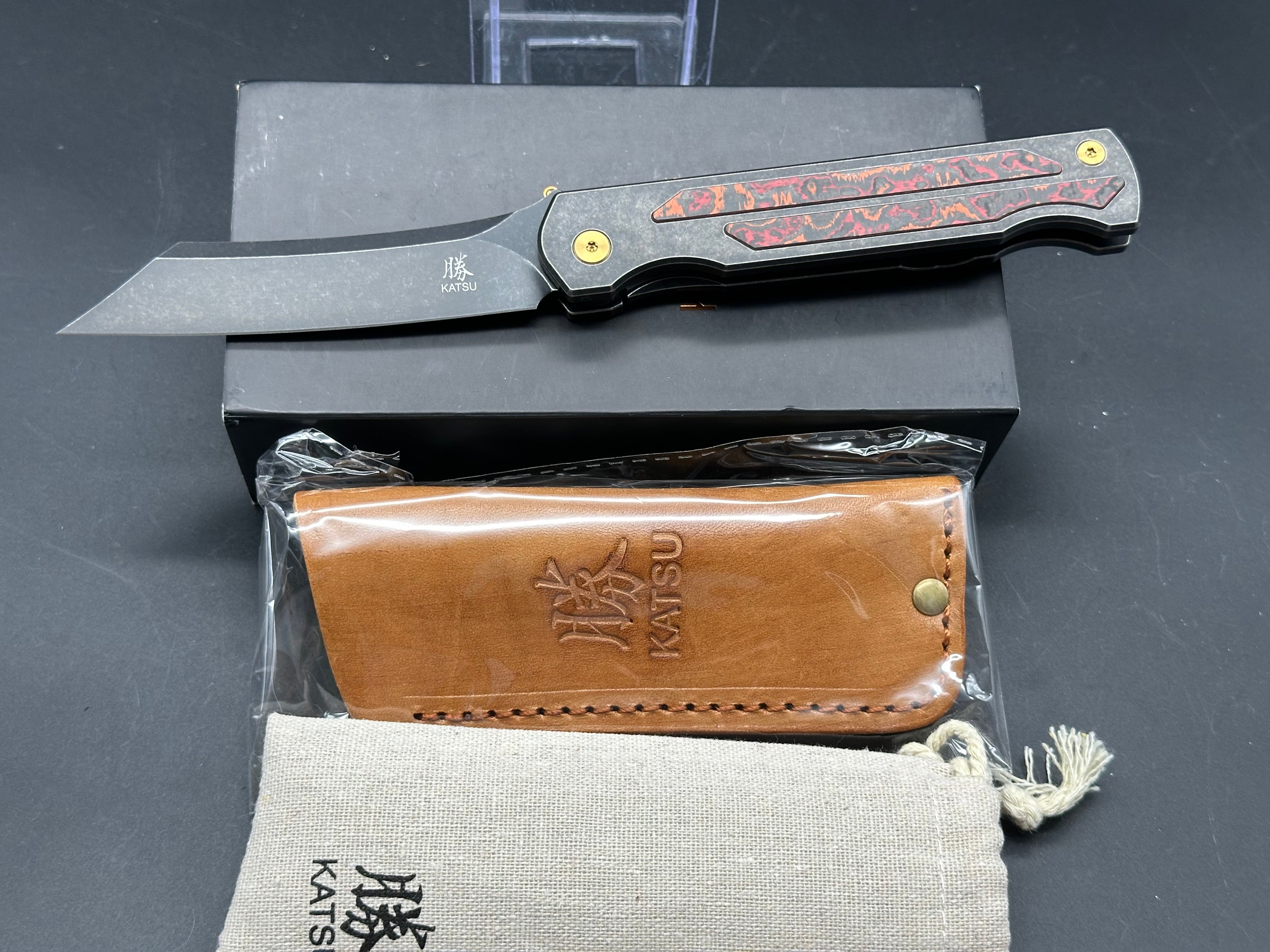 KATSU JT03 Folding Knife - CPM S35VN Stonewashed Blade, Titanium Handle with Mars Valley Fat Carbon Fiber Inlay | EDC, Outdoor, Camping, Survival Gear