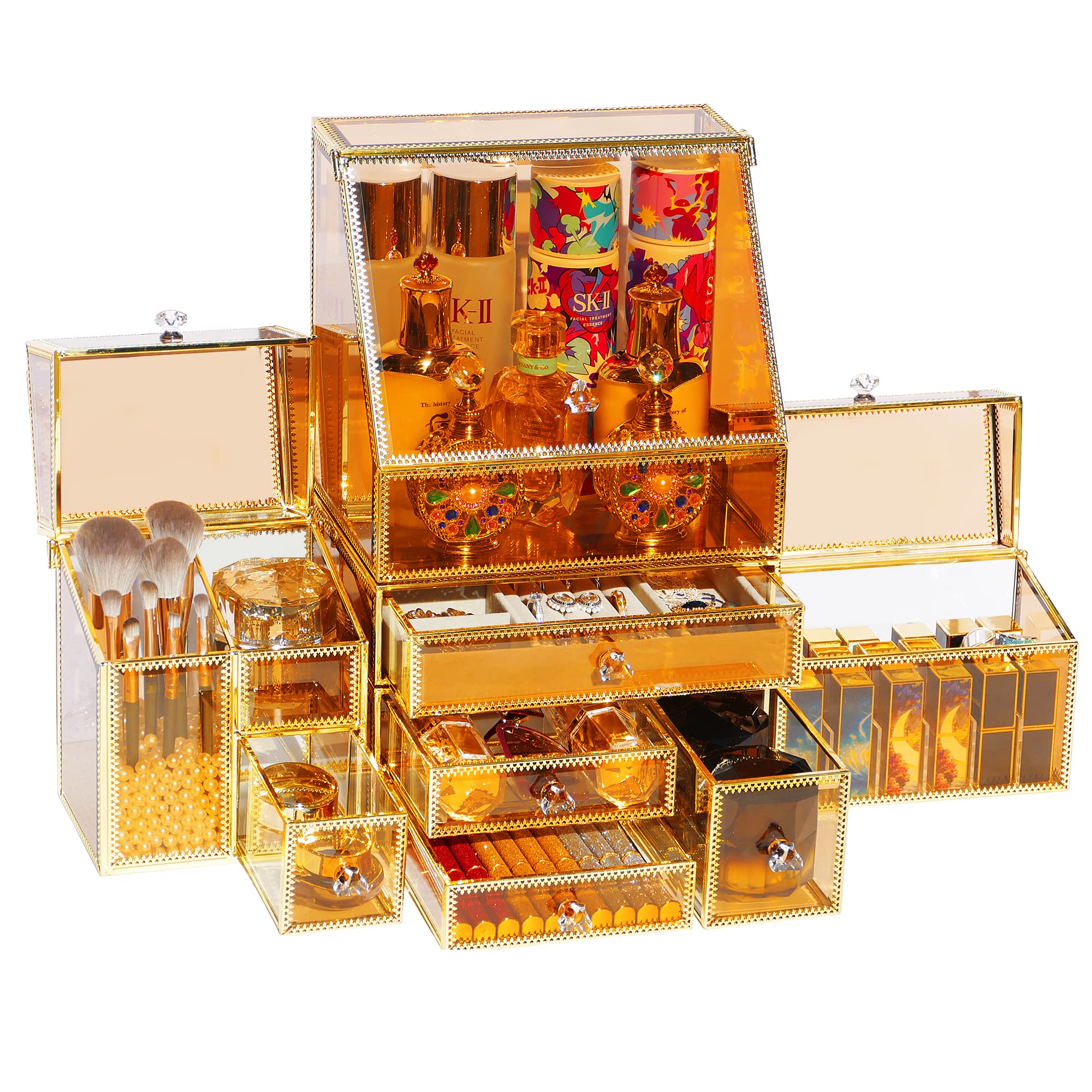 Vintage Luxury Makeup Organizer Set - 5-Piece Tempered Glass Cosmetic Storage for Brushes & Jewelry | Bathroom Vanity & Dressing Table Organizer