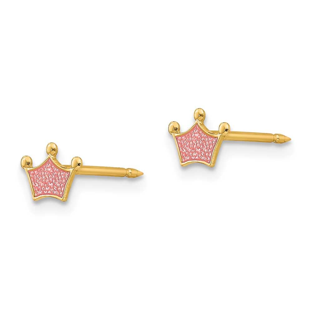 14k Gold Epoxy Filled Pink Crown Stud Earrings for Women - Elegant Jewelry Gift for Birthday, Anniversary & Special Occasions