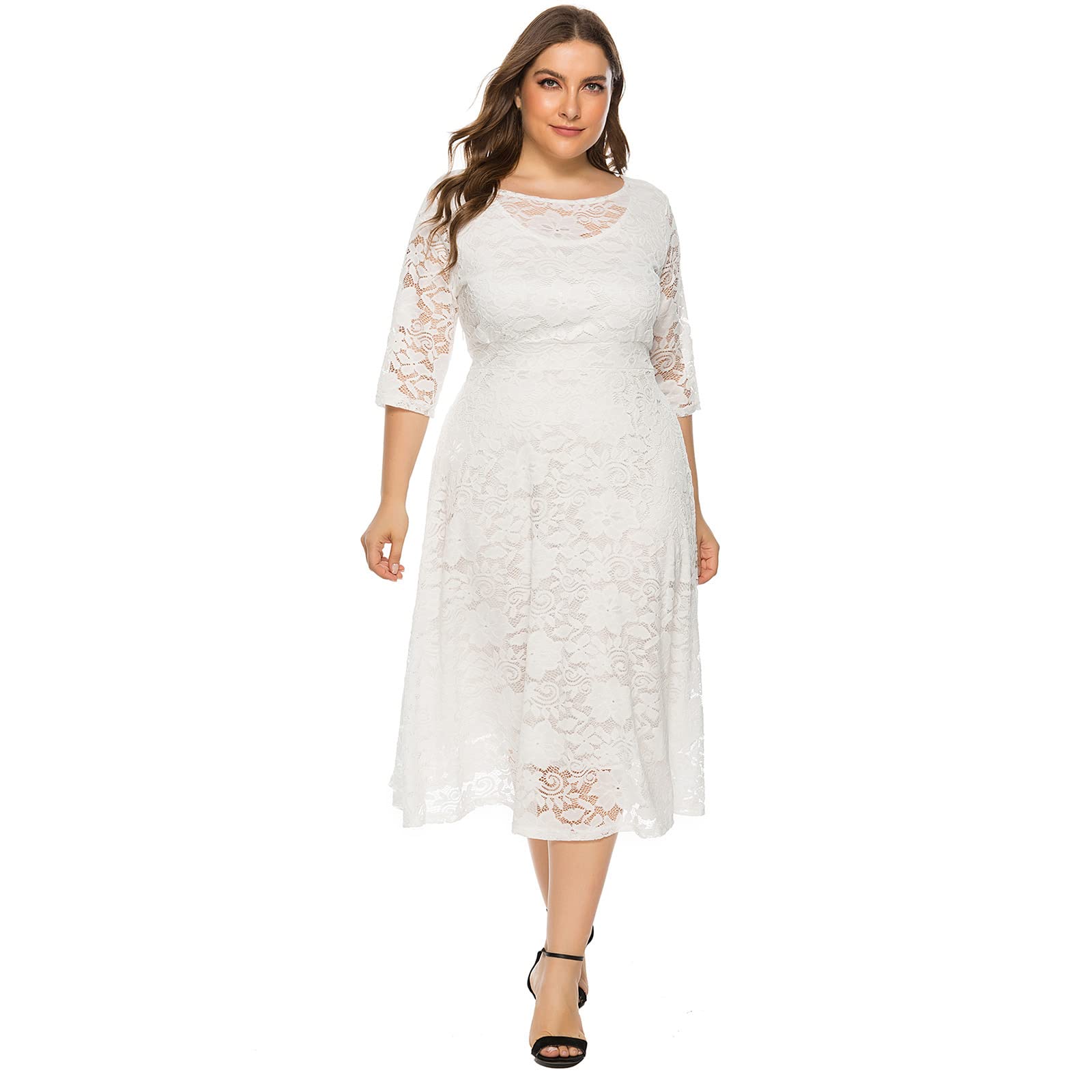 Plus Size Vintage Lace 3/4 Sleeve Midi Swing Dress for Women - Elegant Evening Party, Cocktail, Wedding & Bridesmaid Attire - Perfect for Formal Events, Date Nights & Special Occasions