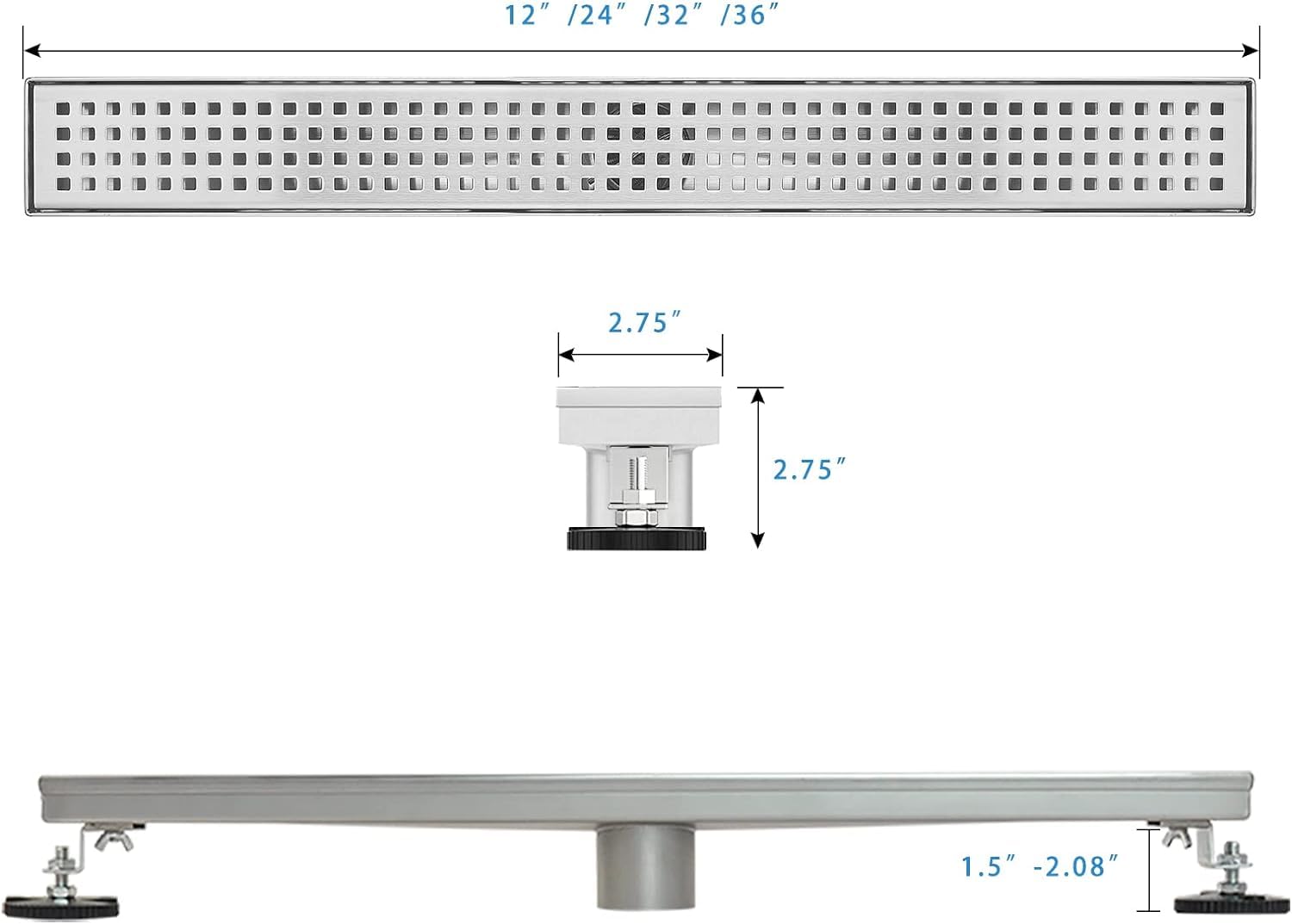 18 Inch AISI 304 Stainless Steel Linear Shower Drain with Removable Grate Cover, Hair Catcher & Leveling Feet - Professional Waterproof Floor Drain for Modern Bathroom & Walk-in Shower Installation