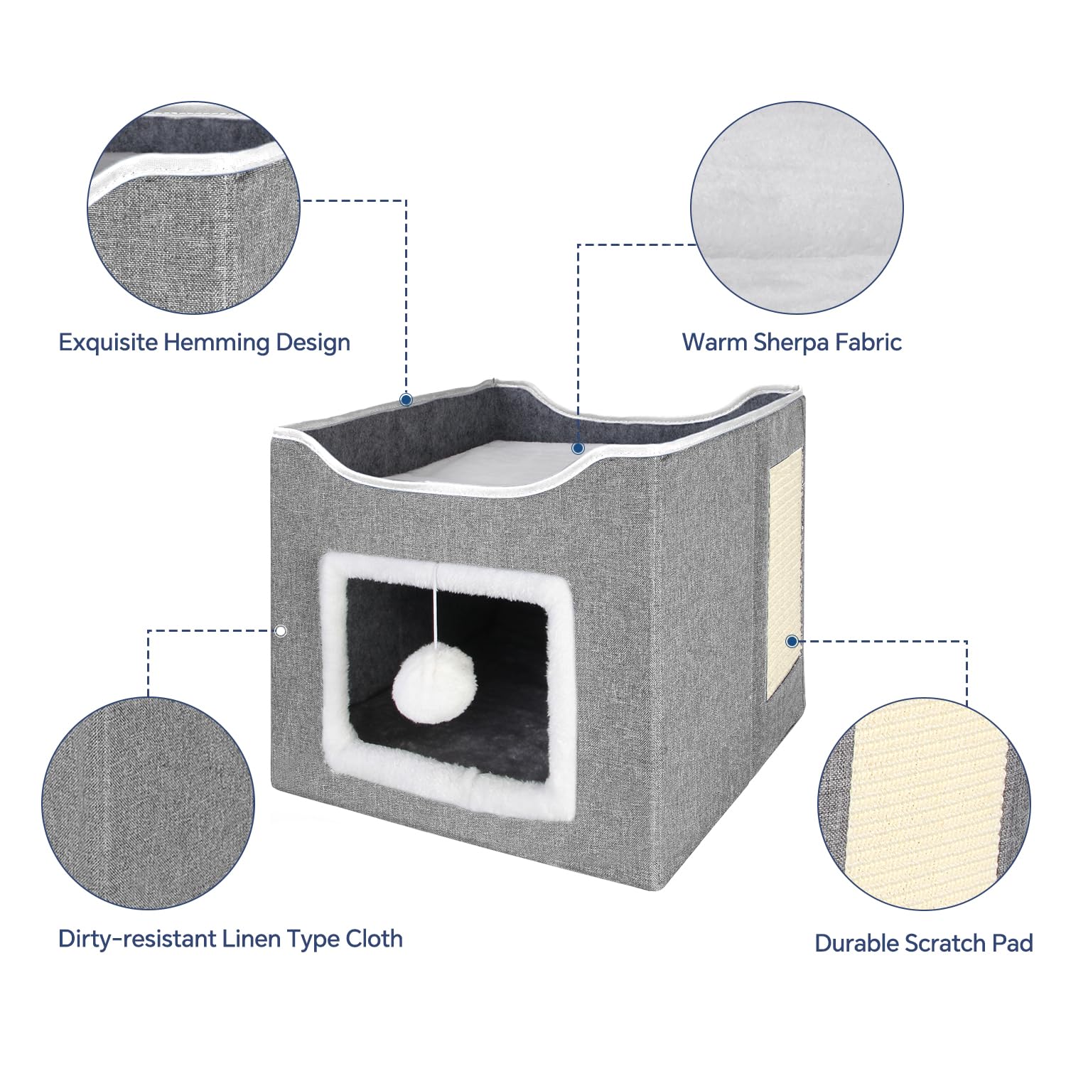 BEDELITE Foldable Cat Bed for Indoor Cats - Cozy Cat House with Scratch Pad & Toy Ball, Portable Cat Condo & Kitten Cave Hideaway, 15.4×15.4×12.6 inches (Grey) - Perfect for Living Room, Bedroom & Pet-Friendly Spaces