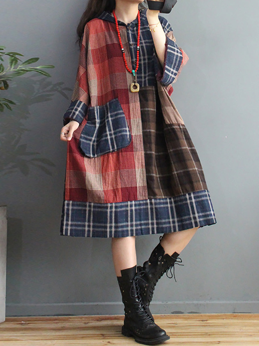 Plus Size Retro Plaid Hooded Dress with Big Pockets - Stylish & Comfortable Women's Fashion for Casual Outings & Fall Layering