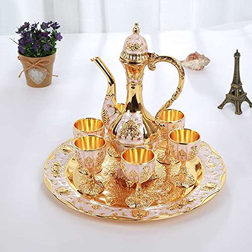 Vintage Turkish Coffee Pot Set with 6 Cups & Tea Tray - Handcrafted Metal Turkish Tea Set for Home, Wedding Gifts & Traditional Coffee Ceremonies - Gold Finish