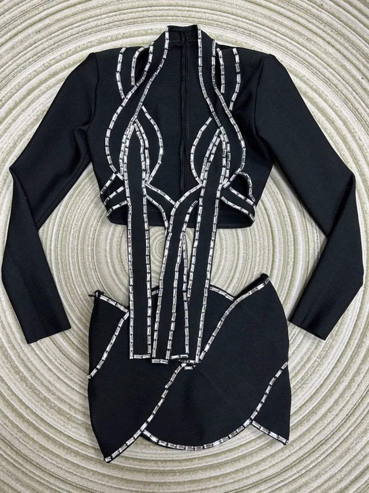 2023 New Women's Long Sleeve Sexy Bodycon Mini Skirt Set - Rayon Bandage High Street Fashion Outfit for Party, Club, Date Night & Casual Wear