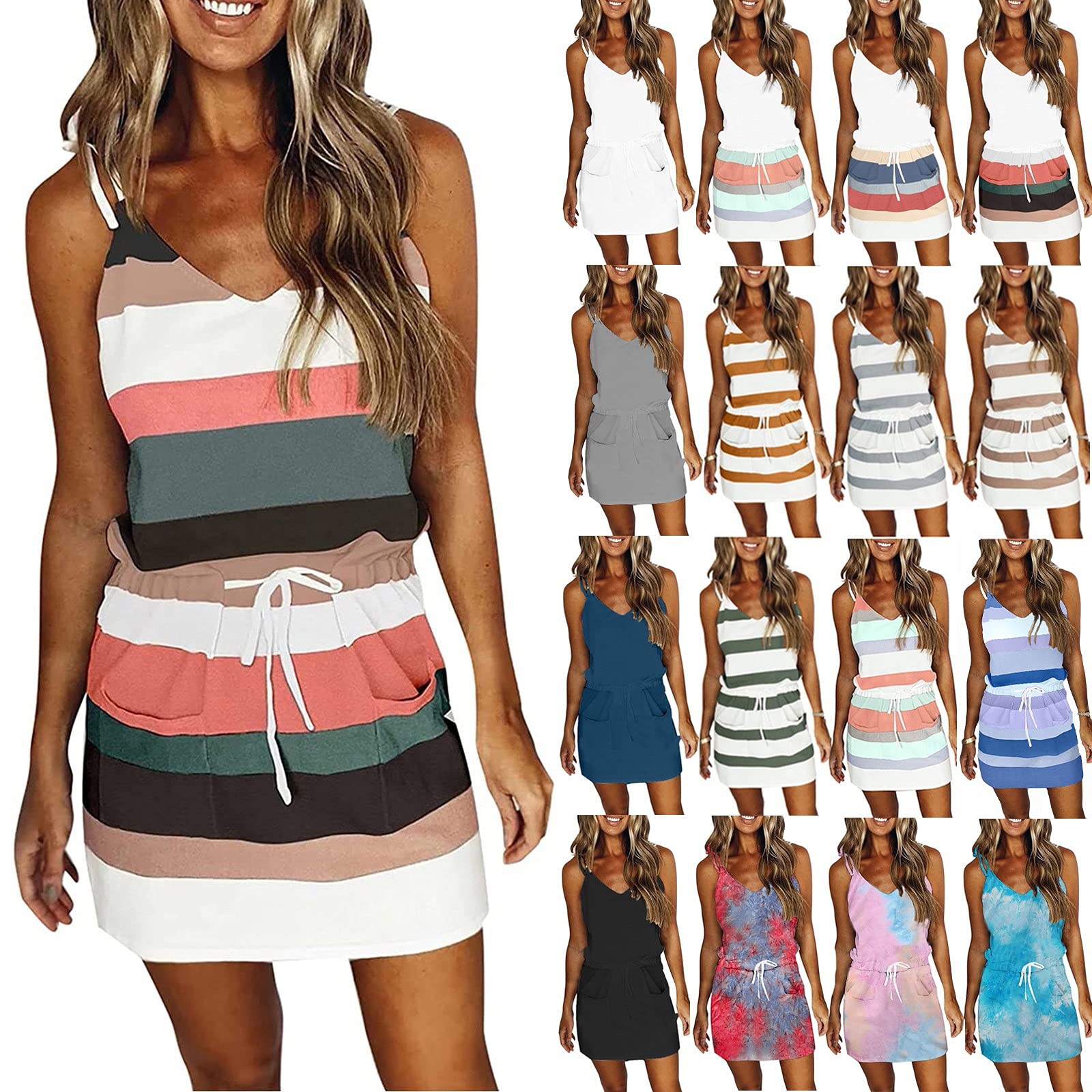 Eaktool Women's Summer Casual Dresses - Loose Halter Striped Printed Vest Dress with Drawstring Waist | Perfect for Beach Vacation, Weekend Outings & Summer Parties