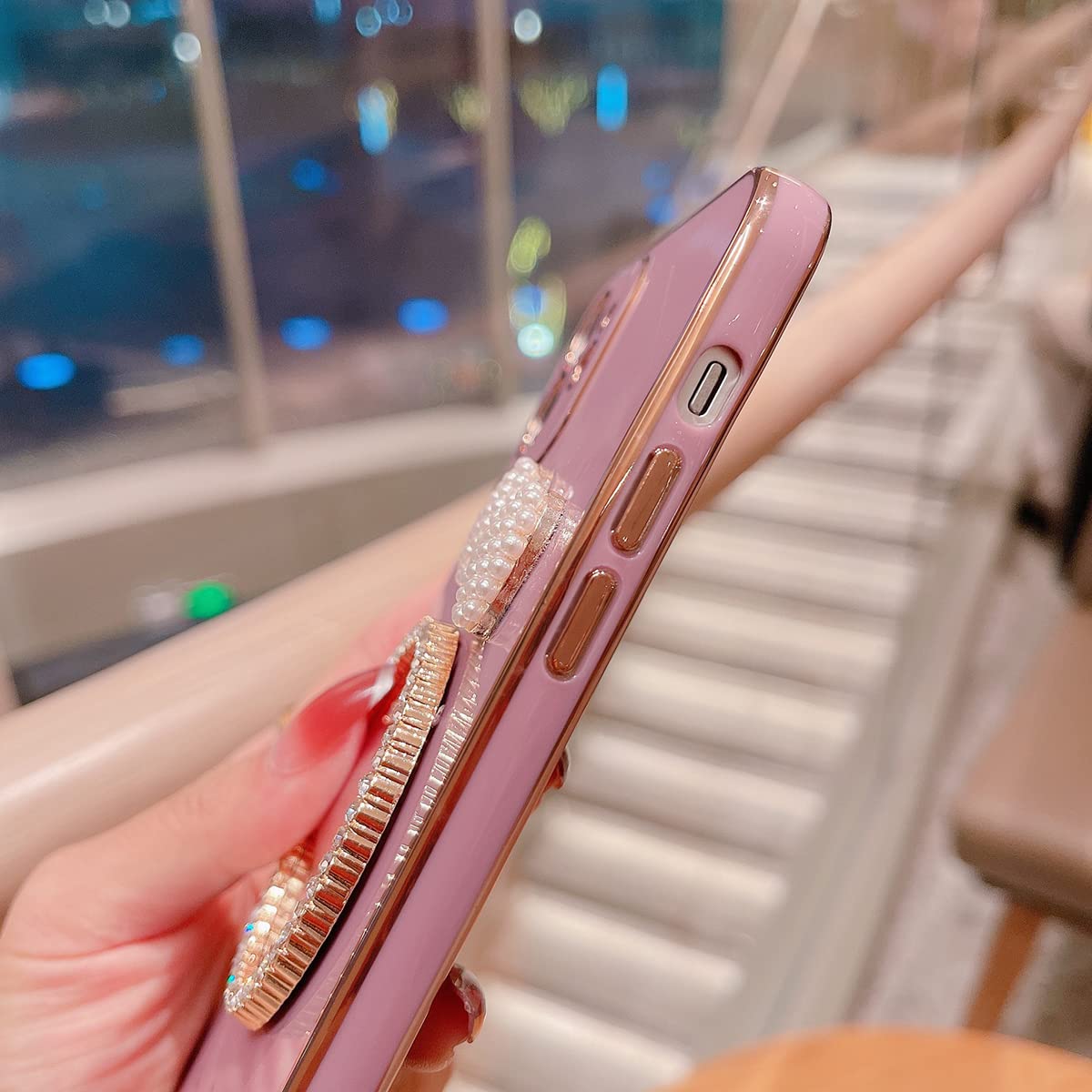 iPhone 13 Pro Max Mirror Case with Pearl Bow & Diamond Round Makeup Mirror - Slim Soft Flexible TPU Protective Cover for Women & Girls (6.7 Inch, Purple) - Perfect for Makeup Touch-ups & Selfies On-The-Go