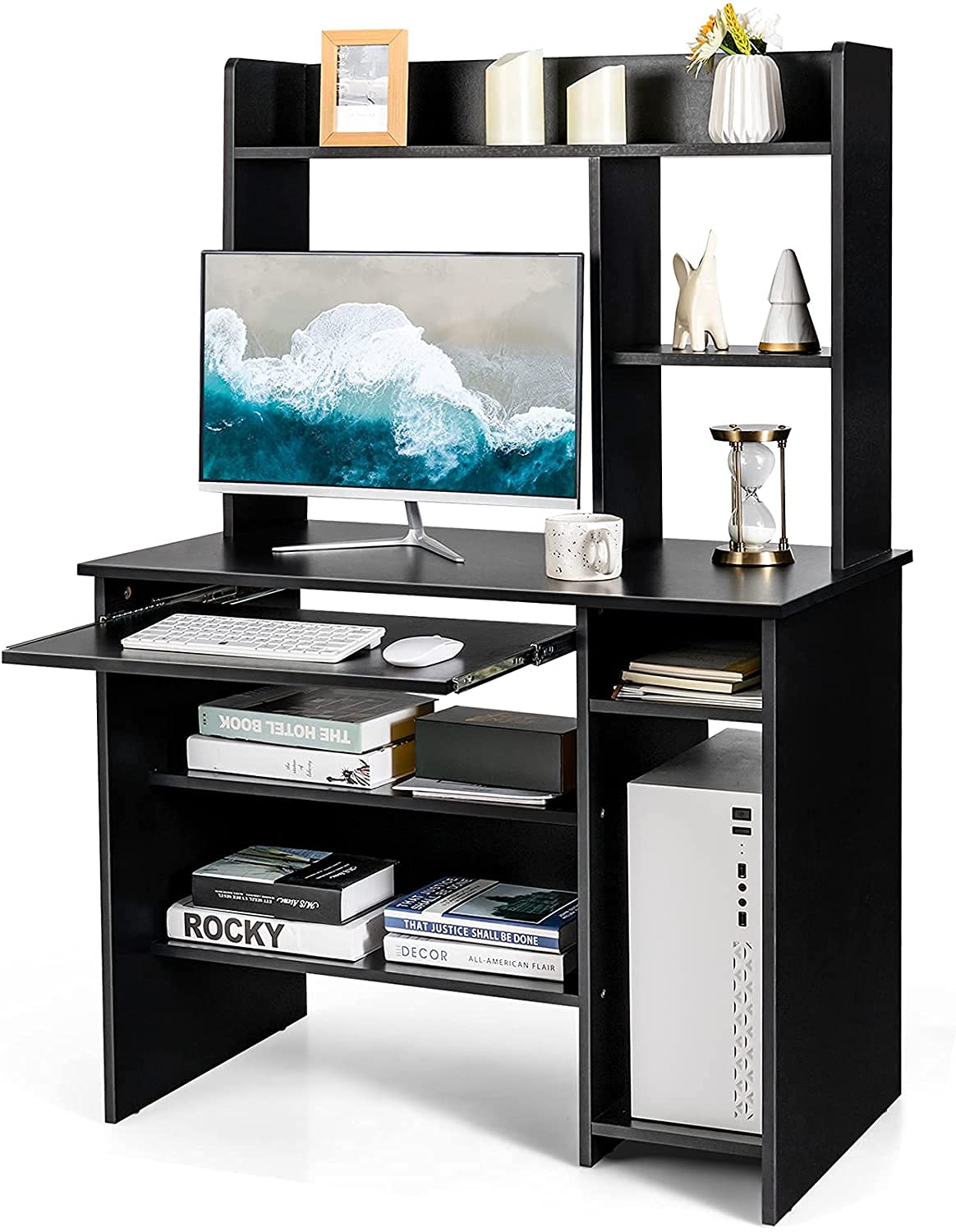 CHEFJOY Modern Computer Desk with Hutch & Bookshelf - Wooden Study Writing Desk with Storage Shelves, Home Office Laptop Table with Keyboard Tray - Space-Saving Design for Small Spaces (Black) | Perfect for Home Office, Study Room & Small Apartments