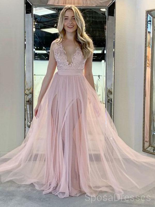 Elegant Pale Pink V-Neck Side Slit Tulle Long Evening Prom Dress | Custom Sweet 16 Dresses for Teens | Perfect for Prom Night, Homecoming, Quinceañera & Formal Events - Style 18479