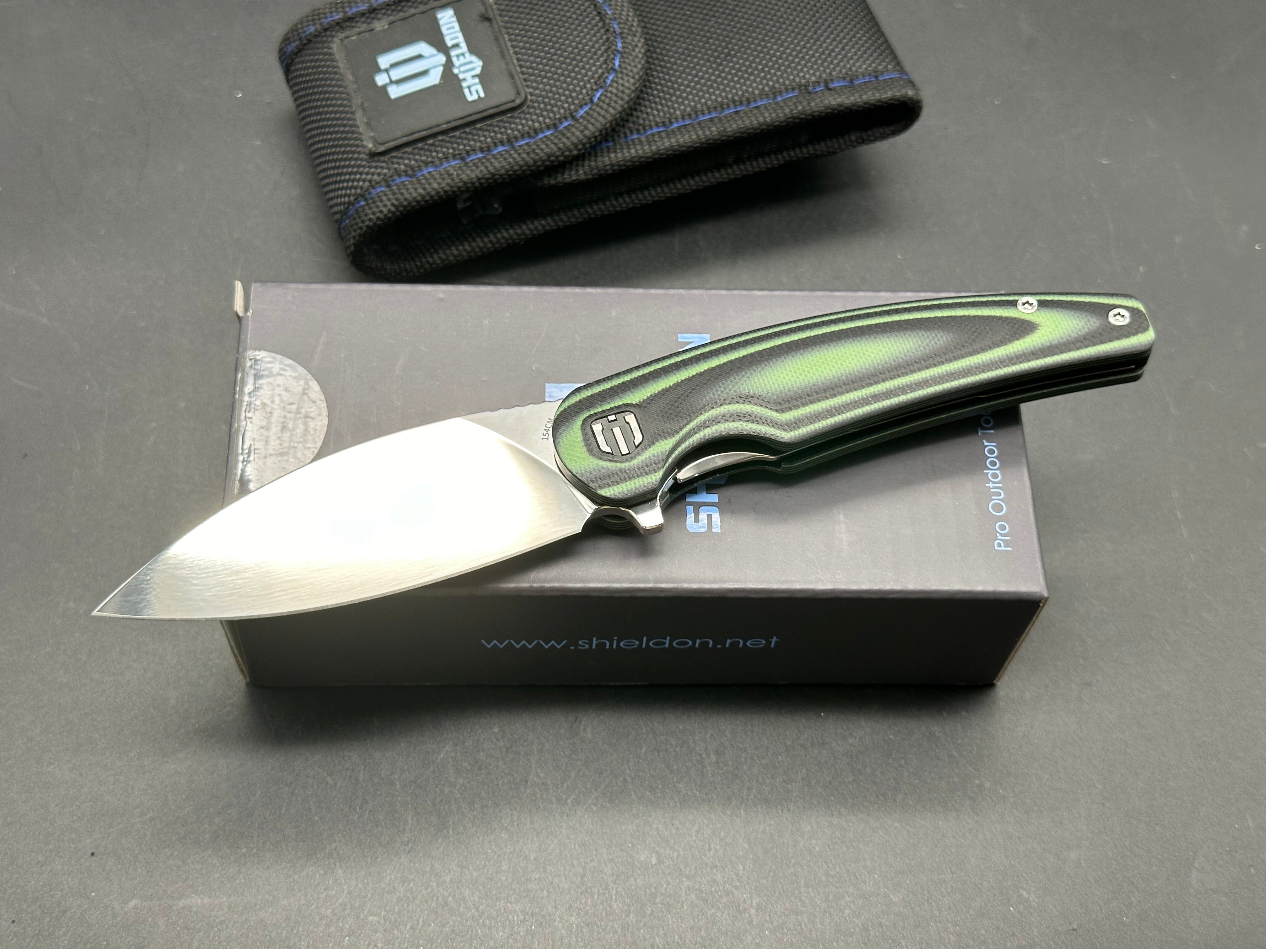 SHIELDON Folding Knife - 154CM Steel Blade, Green G10 Handle, Plain Edge, Mirror Polish Finish - Perfect for Camping, Hiking & Outdoor Adventures