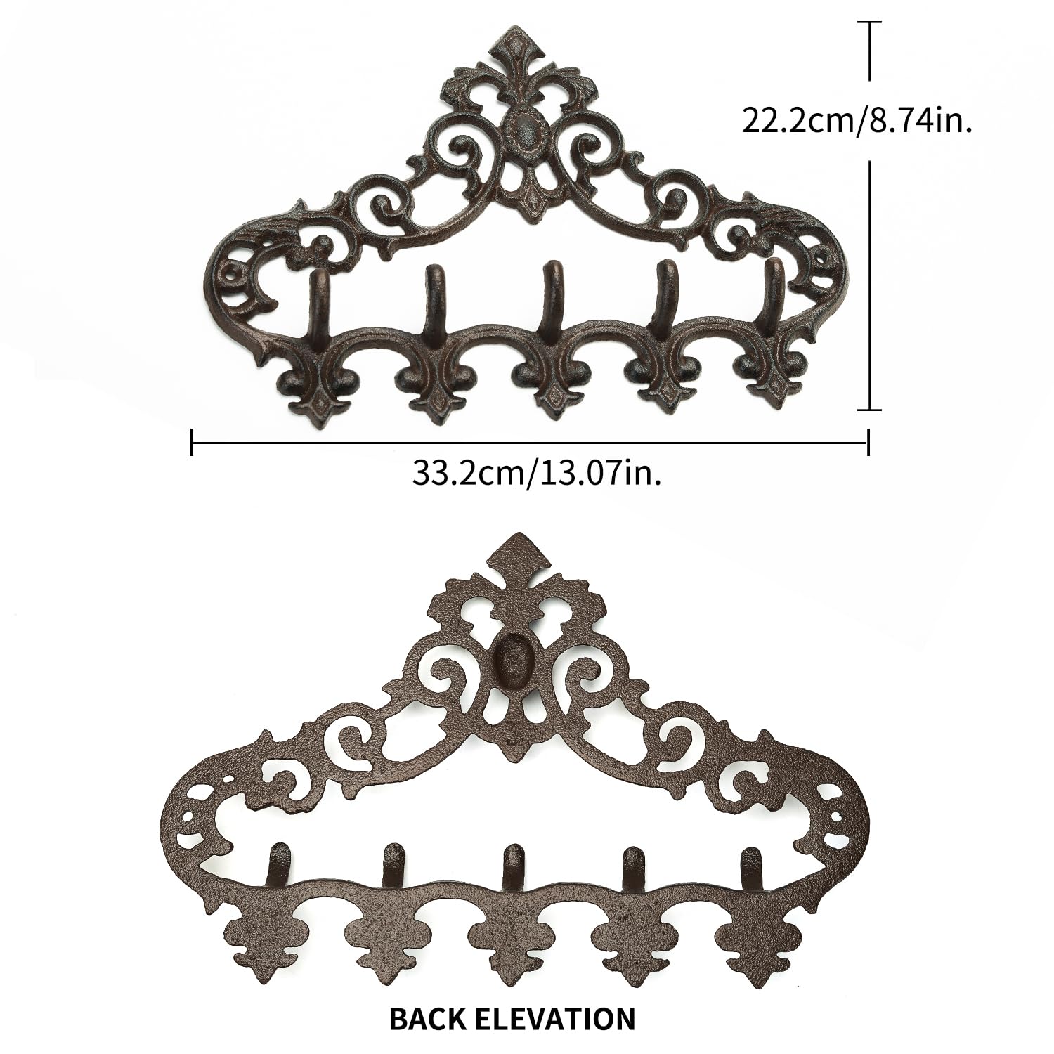 5-Hook Sungmor Cast Iron Wall Hanger - Rustic Coat & Key Organizer with Decorative Pattern - Perfect for Entryway, Mudroom & Bedroom Storage