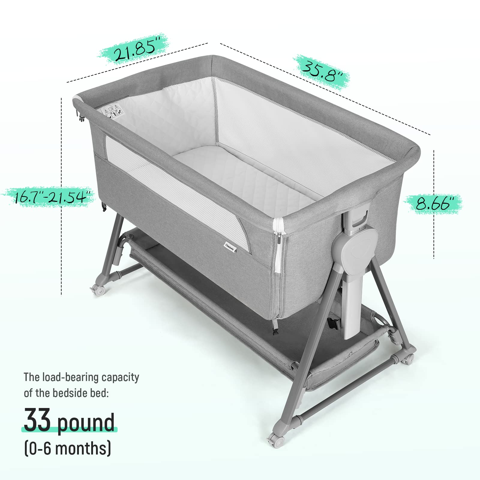 Cowiewie Adjustable Baby Bassinet Bedside Sleeper - 7 Height Levels, Breathable Mesh Sides & Mattress, XL Storage, Foldable Crib (Pyramid Light Gray) - Perfect for Newborns, Nursery & Co-Sleeping