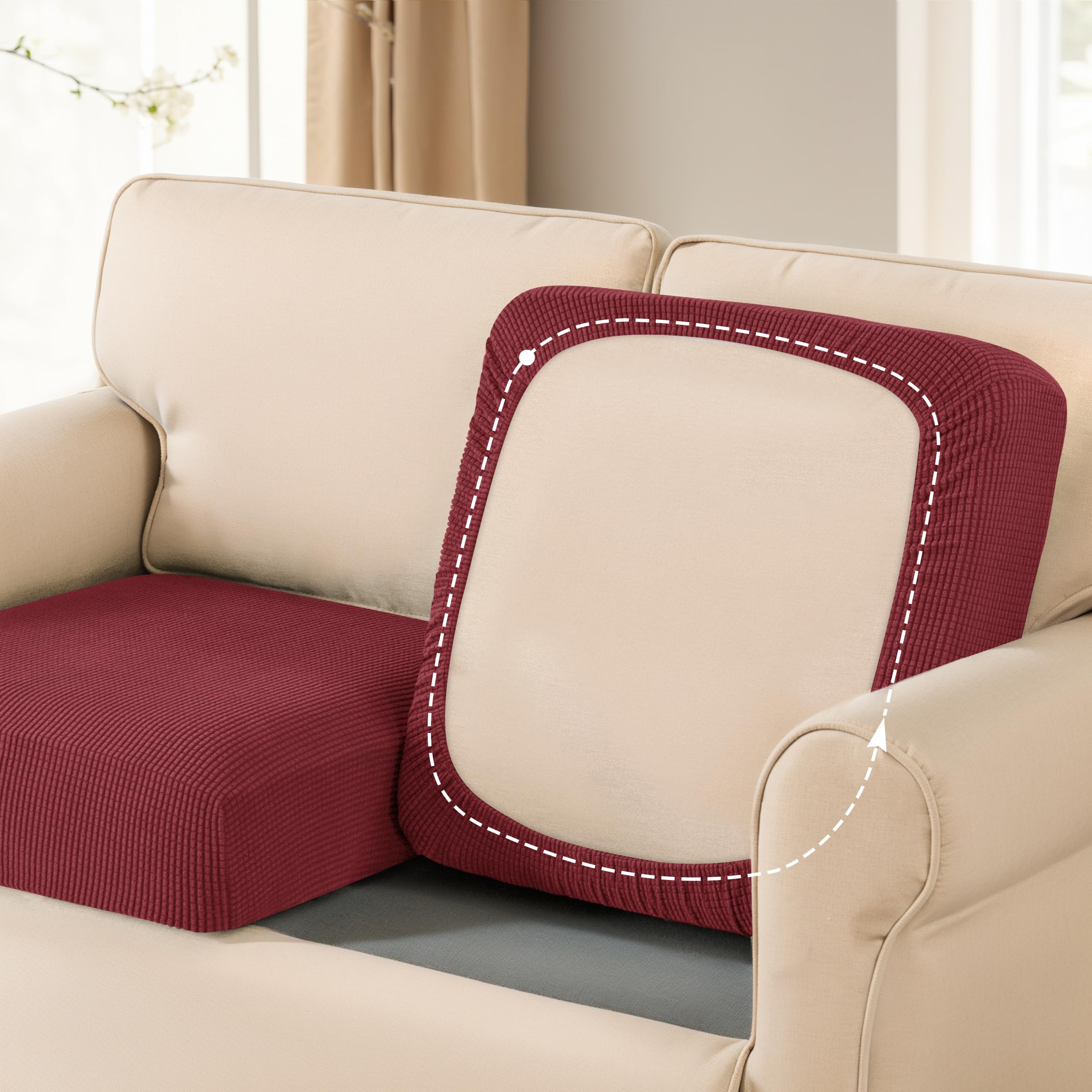SUBRTEX Stretch Couch Cushion Cover - 3 Piece Sofa Cushion Slipcover with High Elasticity, Furniture Protector for Living Room & RV (Wine Red) | Perfect for Home Decor, Pet Protection, and Sofa Refresh