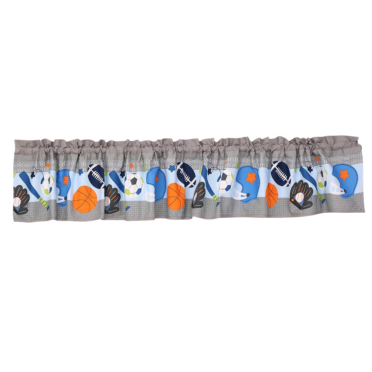 4-Piece Blue Grey Sports Nursery Crib Bedding Set for Baby Boys - Includes Quilt, Fitted Sheet, Skirt & Window Valance | Perfect for Sports-Themed Nursery Decor & Baby Shower Gifts
