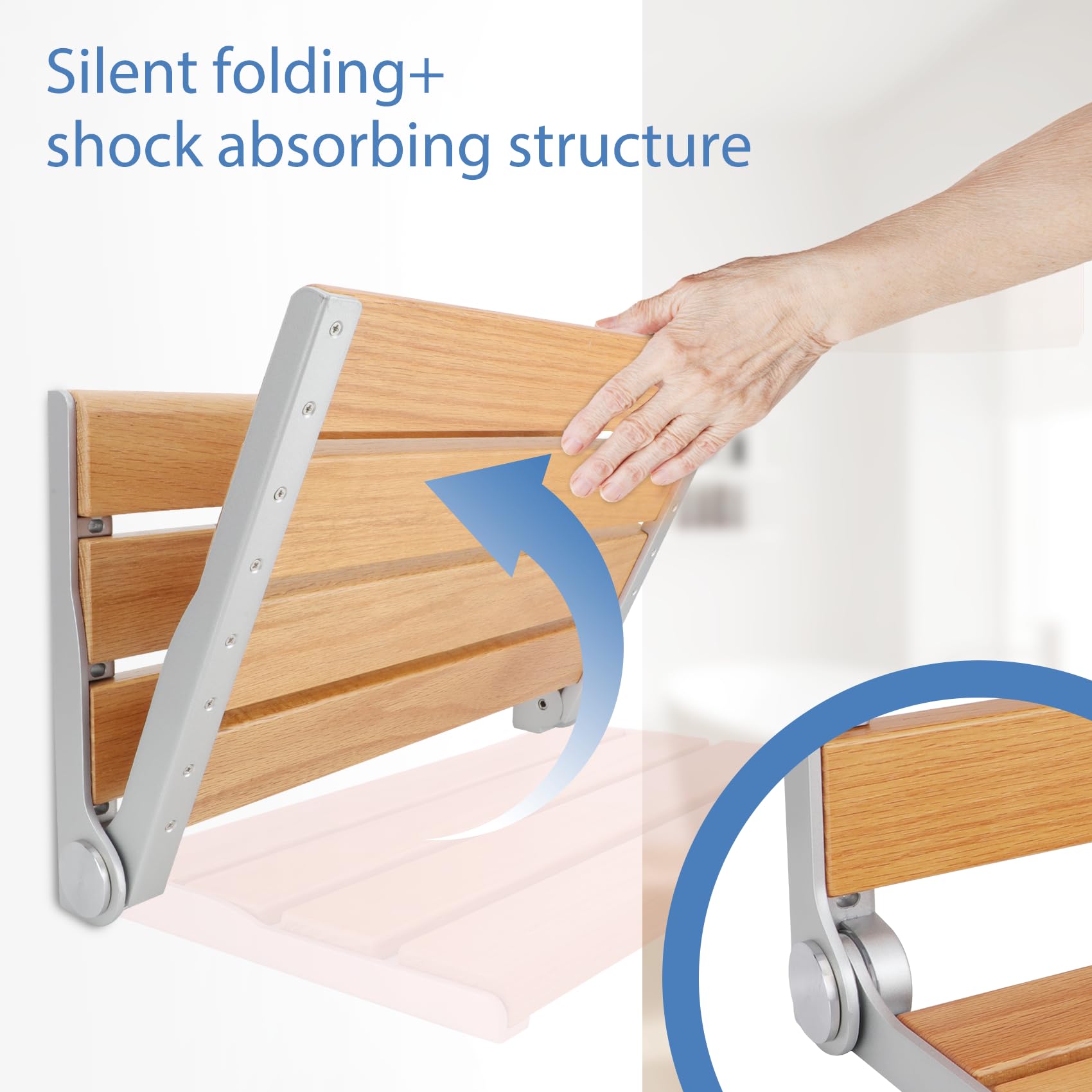 16IN Folding Teak Shower Seat Wall Mounted - 400LB Weight Capacity for Elderly, Disabled & Pregnant - Space Saving Bathroom Safety Seat for Showers & Bathtubs [2025 New Model]