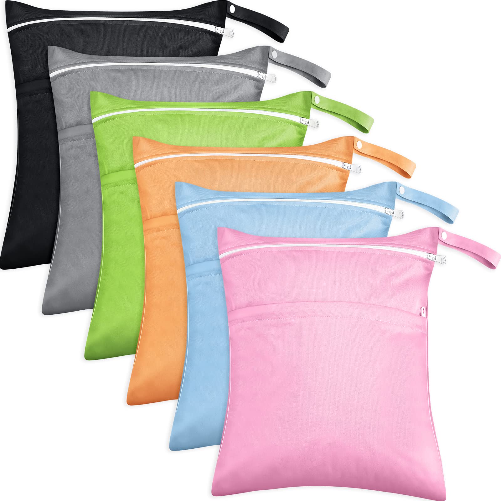 Kenning 6 Pack Waterproof Wet Dry Bags for Baby Cloth Diapers, Swimsuits & Wet Clothes - Reusable Travel Beach Pool Gym Bags with 2 Zippered Pockets (6 Colors) - Perfect for Daycare, Sports & Outdoor Activities