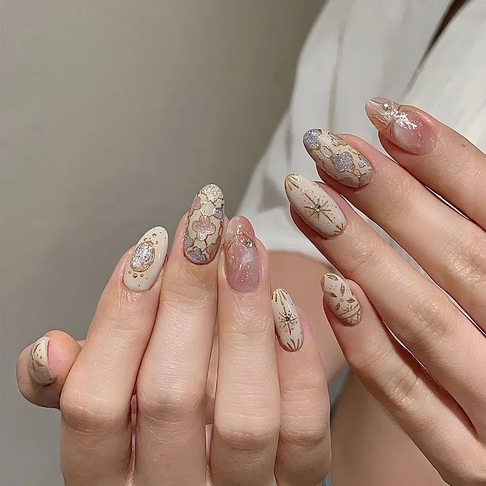 24Pcs Short Almond Press on Nails - Full Cover False Nails with Garden Flower Design, Colorful Wearable Manicure for Women & Girls | Perfect for Parties, Weddings, Daily Wear & Nail Art Enthusiasts