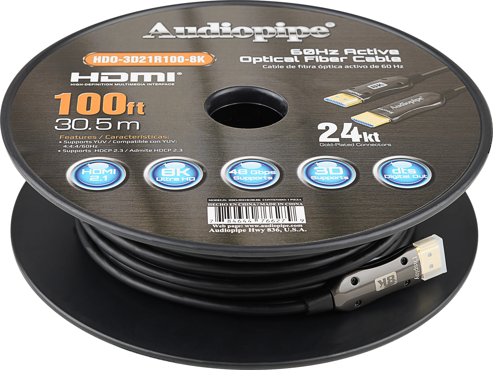 8K Ultra HD Active Optical Fiber HDMI Cable 100Ft - HDO 3D21R100 8K for Home Theater, Gaming & Professional AV Setups