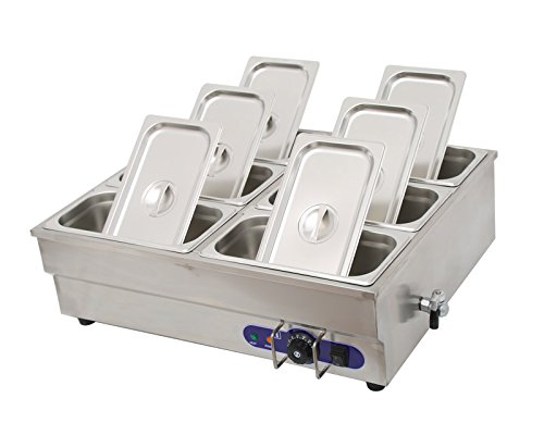 TECHTONGDA 6-Pot Bain Marie Food Warmer - 6 x 1/3 Size Pans, 6-Inch Deep Stainless Steel Pans, 110V 1500W Commercial Food Warmer for Buffets, Catering & Restaurant Food Service