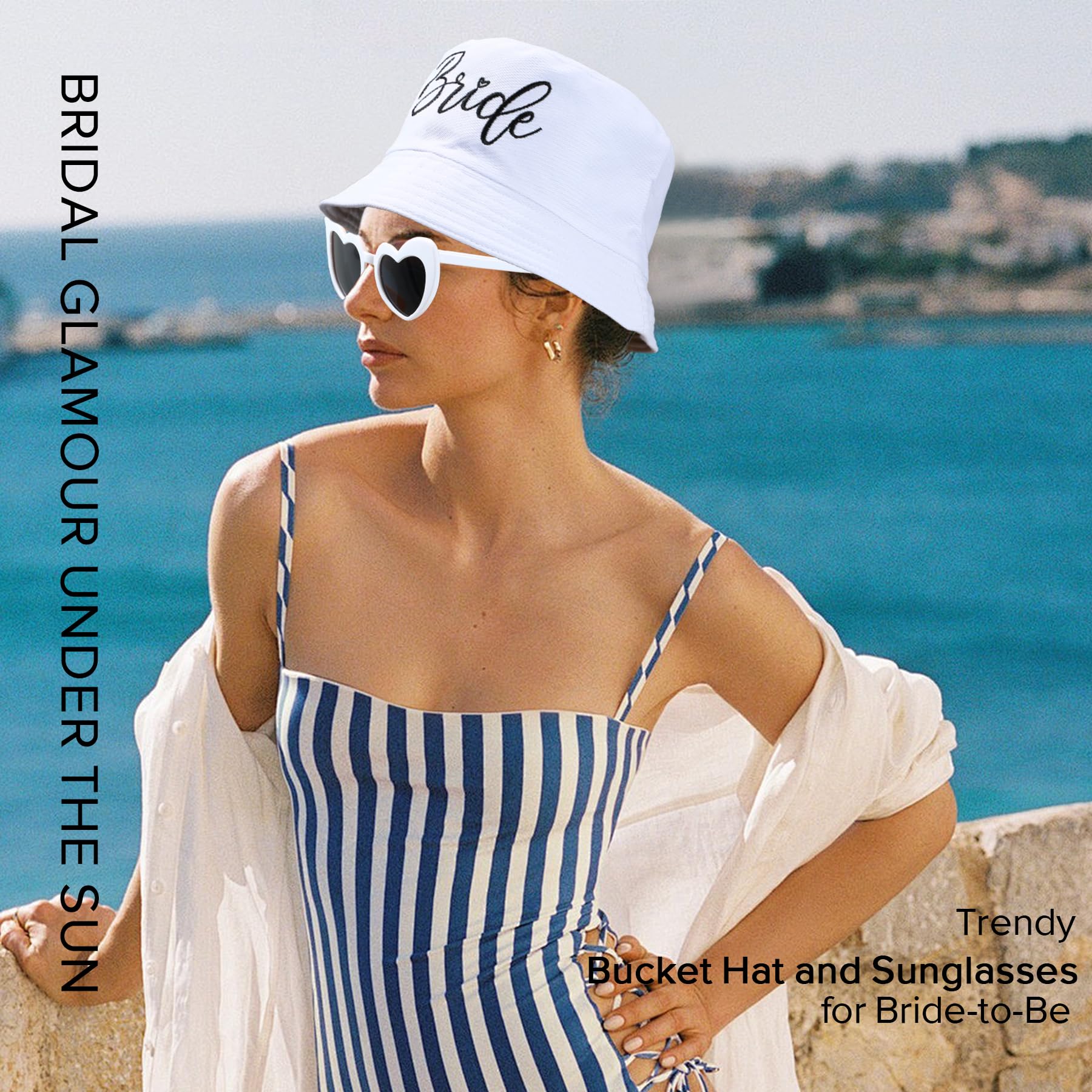 White Embroidered Bride Bucket Hat with Sunglasses - Elegant Bachelorette Party Accessories, Wedding Shower Gift for Bride to Be | Perfect for Beach Weddings, Bridal Showers & Bach Party Decorations