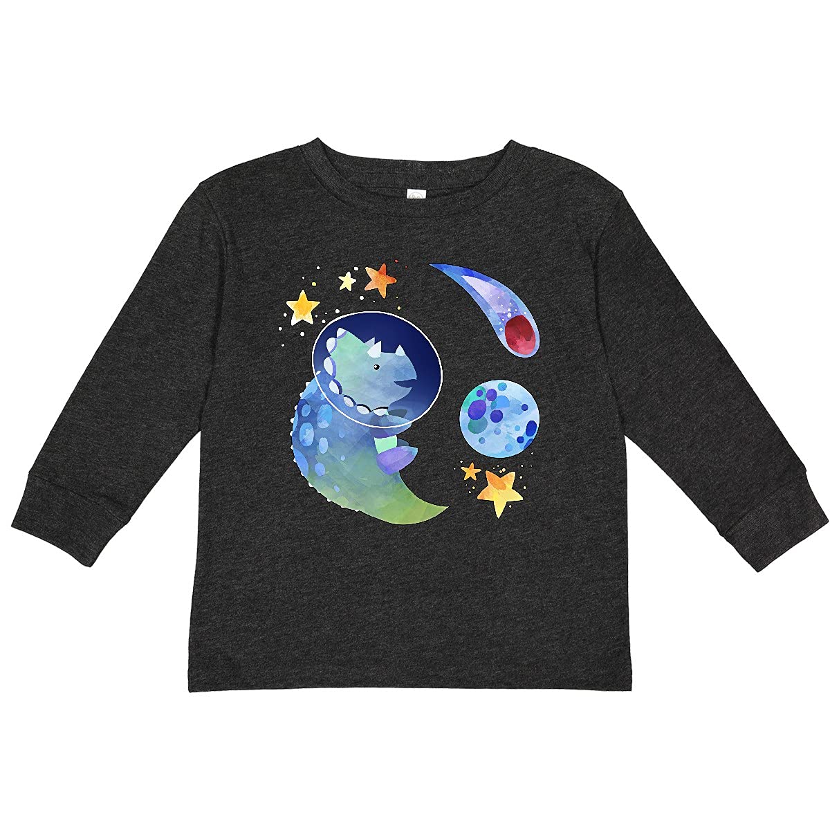 Inktastic Triceratops in Space with Planets - Cute Dinosaur Toddler Long Sleeve T-Shirt for Boys & Girls | Fun Playdate, Birthday Party & Everyday Wear