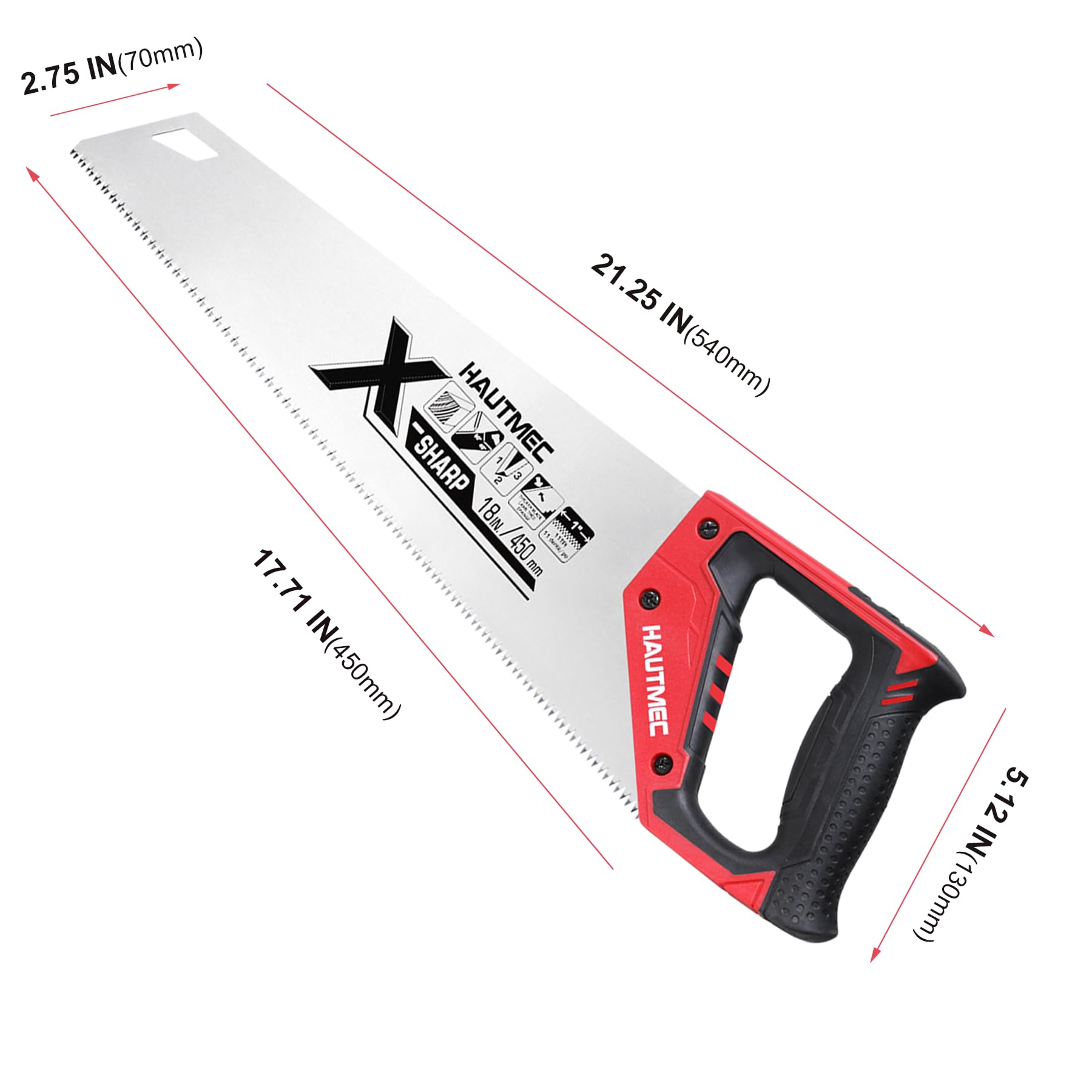 HAUTMEC 18 Inch X-Sharp Pro Hand Saw - 7 TPI Fine Wood Cutting Saw - Professional Handsaw for Woodworking, Laminate & Plastic - Rip Cut & Cross Cut Saw (HT0151) - Perfect for Carpentry, DIY Projects & Home Improvement