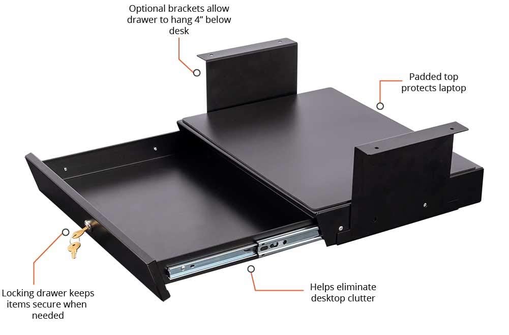 Under Desk Drawer Organizer for Standing Desks - Lockable Sliding Storage with Padded Laptop Shelf (Black) - Perfect for Office, Home Workspace & Ergonomic Setup