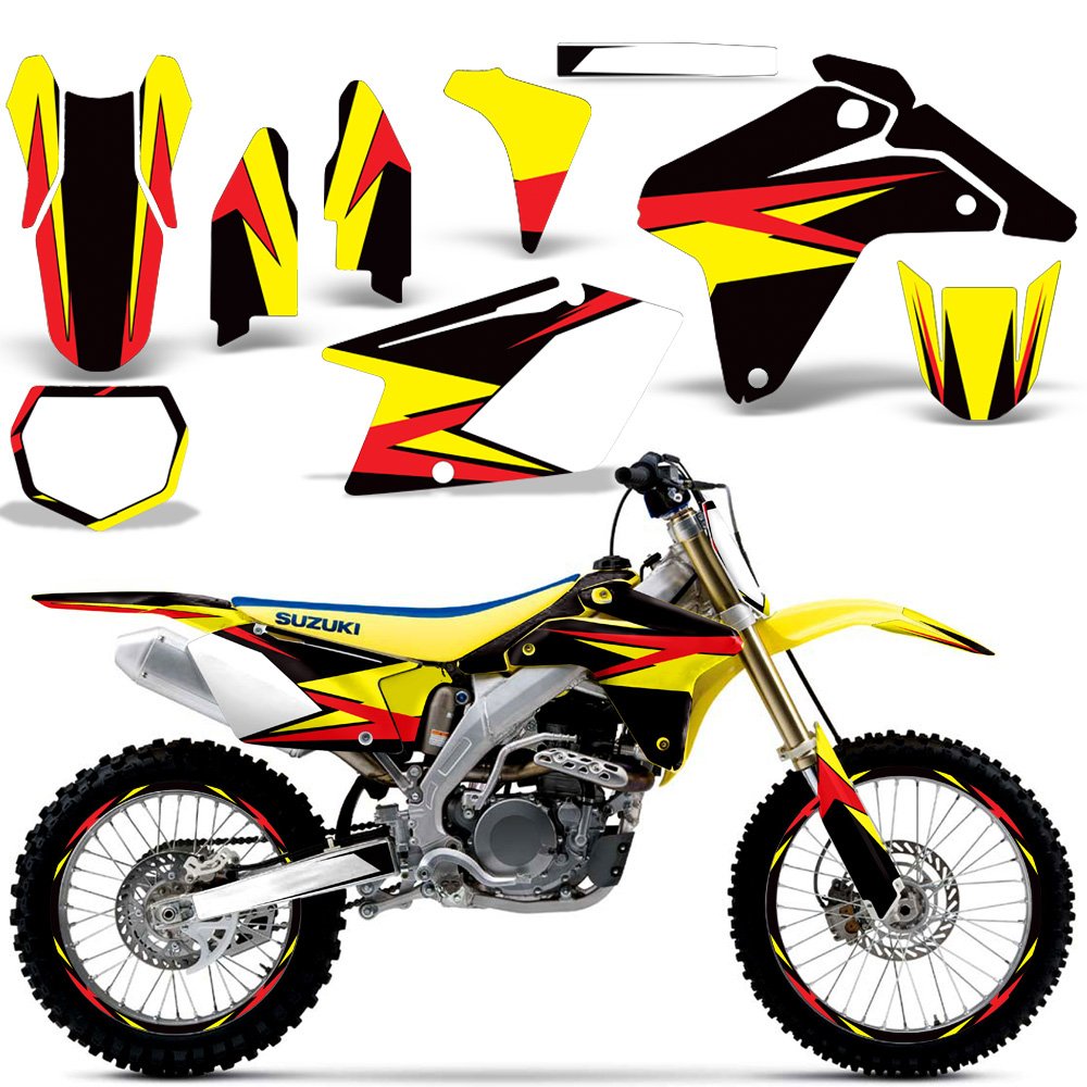 MX Dirt Bike Graphics Kit Sticker Decal with Rim Trim & Number Plates for Suzuki RMZ 450 2005-2006 - Bold Race Design - Perfect for Motocross Racing, Off-Road Riding & Bike Customization