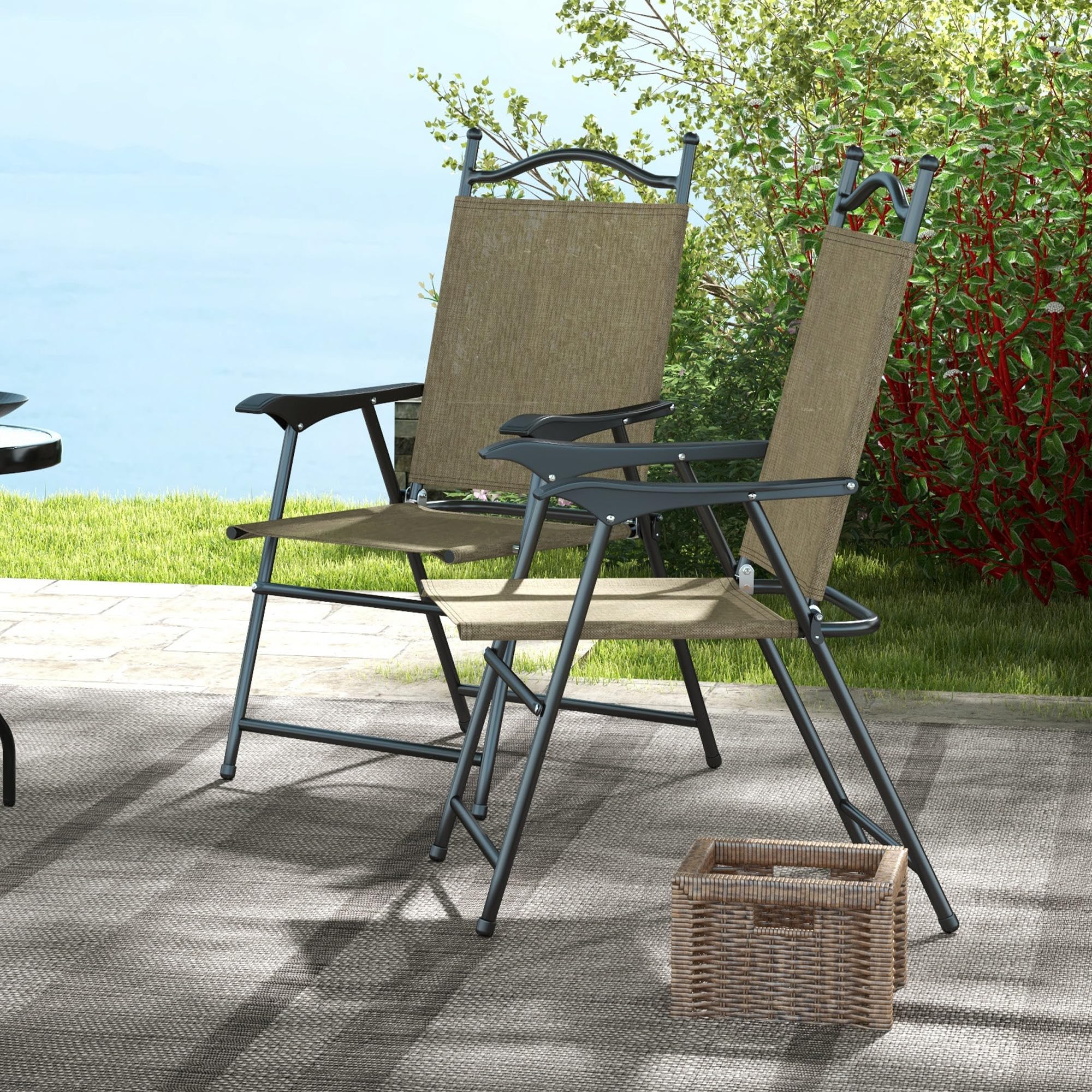 Outsunny 4-Pack Folding Patio Chairs with Armrests - Breathable Mesh Fabric Lawn Chairs for Adults, Camping, Backyard, Beach & Outdoor Relaxation