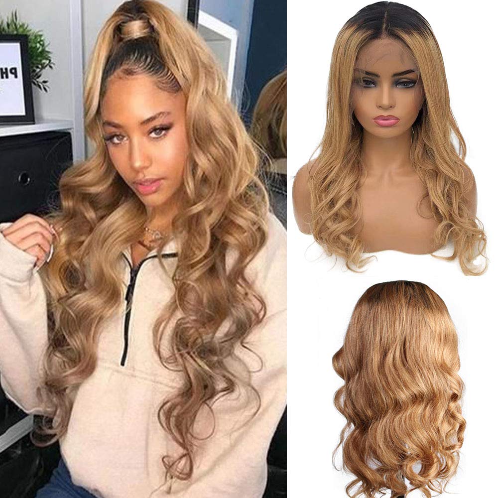 Smartinnov #1B/27 Ombre Blonde Dark Roots 13x6 Lace Front Wig - 150% Density Glueless Human Hair Wig with Baby Hair | Curly Wavy Pre-Plucked 100% Remy Hair | Perfect for Daily Wear, Cosplay & Special Occasions (14 Inches)