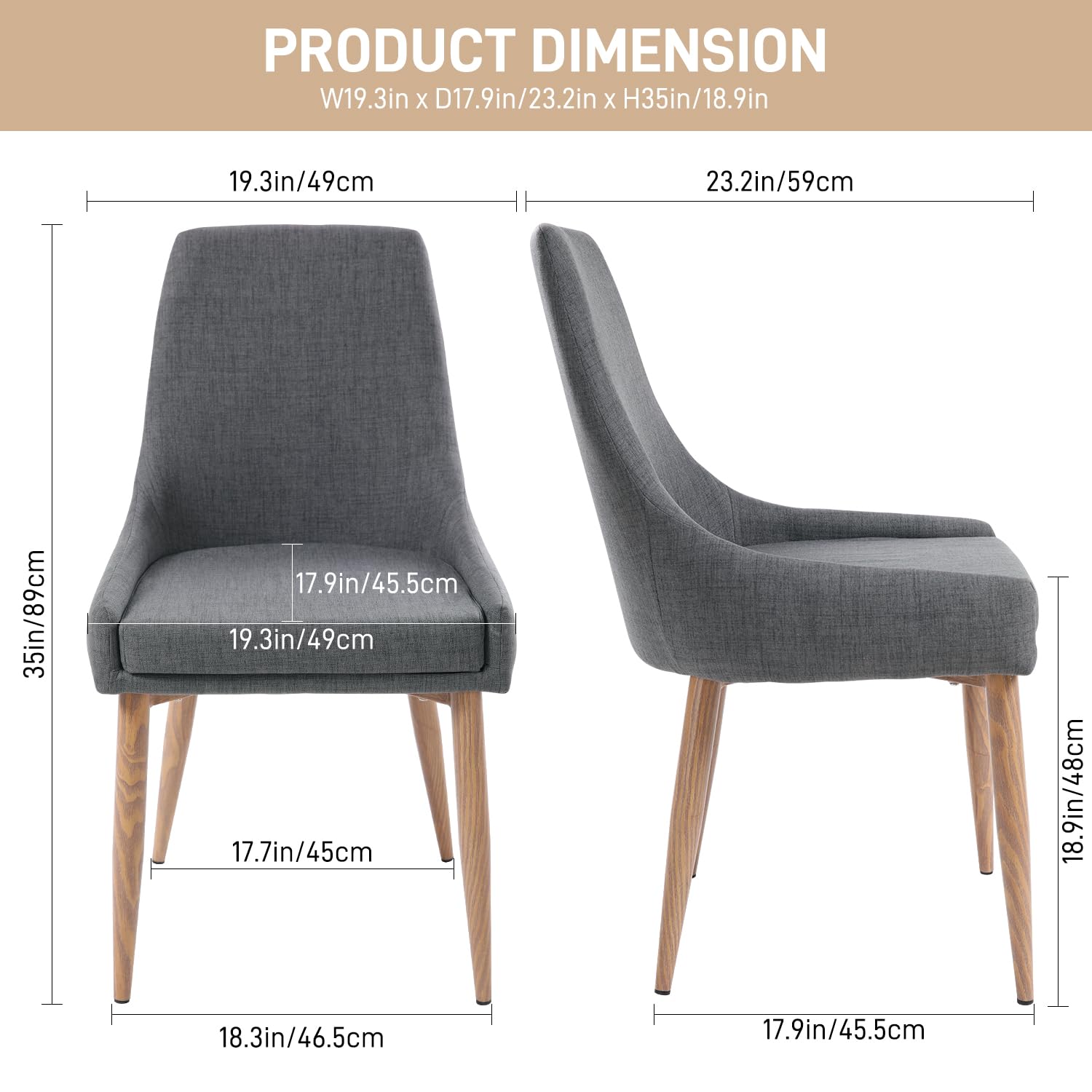 E&D FURNITURE Set of 2 Upholstered Dining Chairs with Metal Legs - Comfortable Fabric Kitchen & Living Room Accent Chairs for Dining Room, Kitchen, and Home Decor