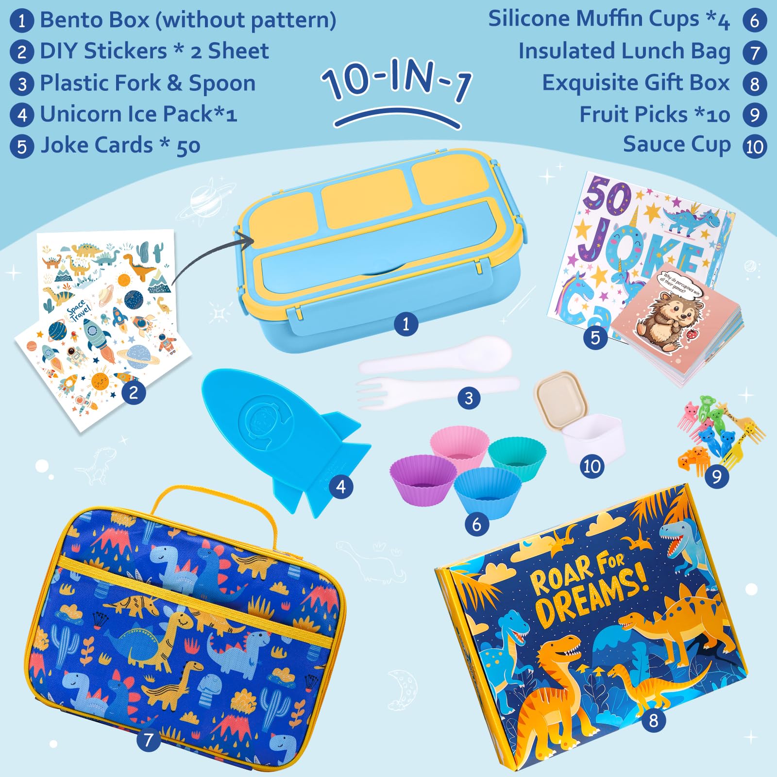 QQKO Insulated Bento Lunch Box Set for Kids - 4-Compartment Dinosaur Themed Lunch Container with Ice Packs, Utensils & Sauce Cup - Perfect for School, Picnics & Travel (Includes Insulated Lunch Bag & Muffin Cups)