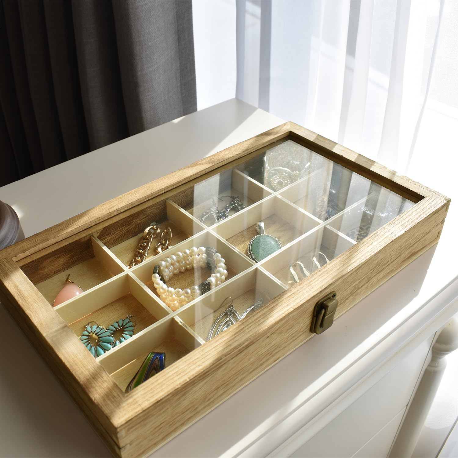 Elegant Wooden Jewelry Organizer Box with Glass Lid - 12 Compartment Jewelry Storage Tray for Rings, Bracelets, Gemstones & Small Accessories - Oak Finish - Perfect for Vanity, Dresser & Travel Jewelry Organization