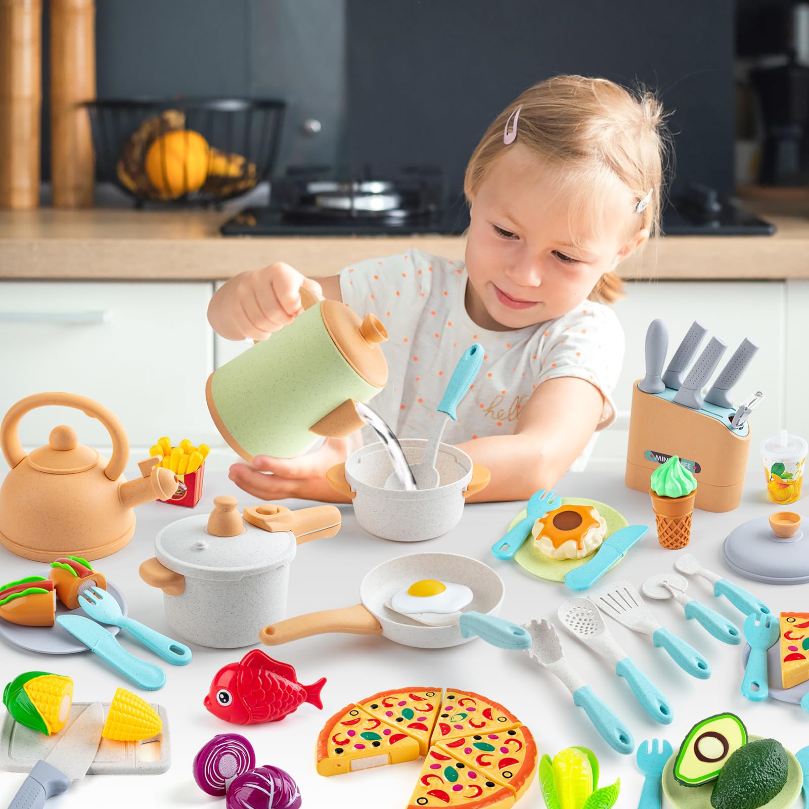 Sundaymot Kids Play Kitchen Accessories Set - Pretend Cooking Toys with Pots, Pans, Apron & Dishes | Educational Learning Toys for Toddlers & Preschoolers | Perfect Birthday Gift for Boys & Girls | Great for Role Play & Early Childhood Development