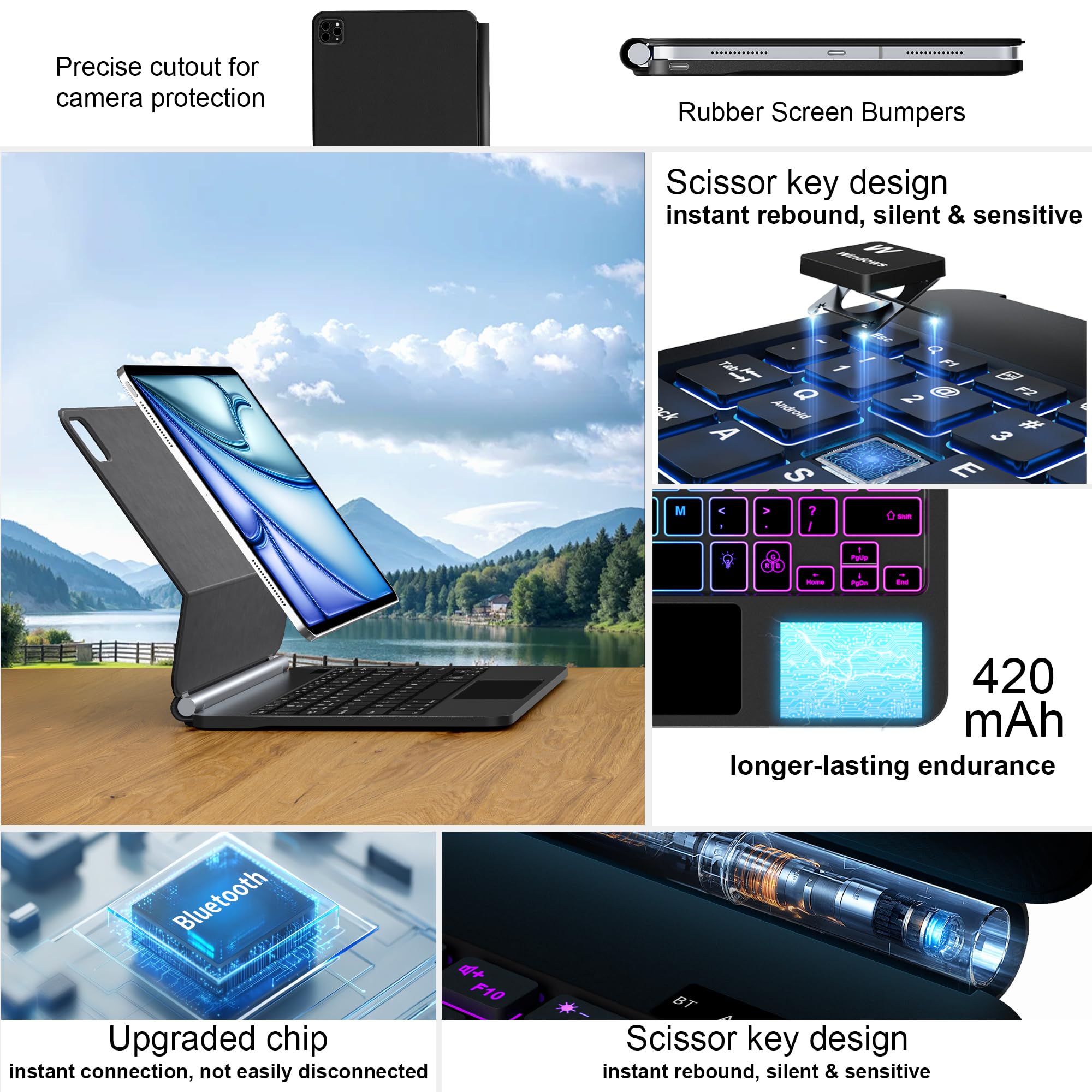 Magnetic Backlit Keyboard Case for iPad Air 13 inch & iPad Pro 12.9 inch (3rd/4th/5th/6th Gen) with Multi-Touch Trackpad - Floating Cantilever Stand, Easy Setup | Perfect for Work, Study & Travel (Black)
