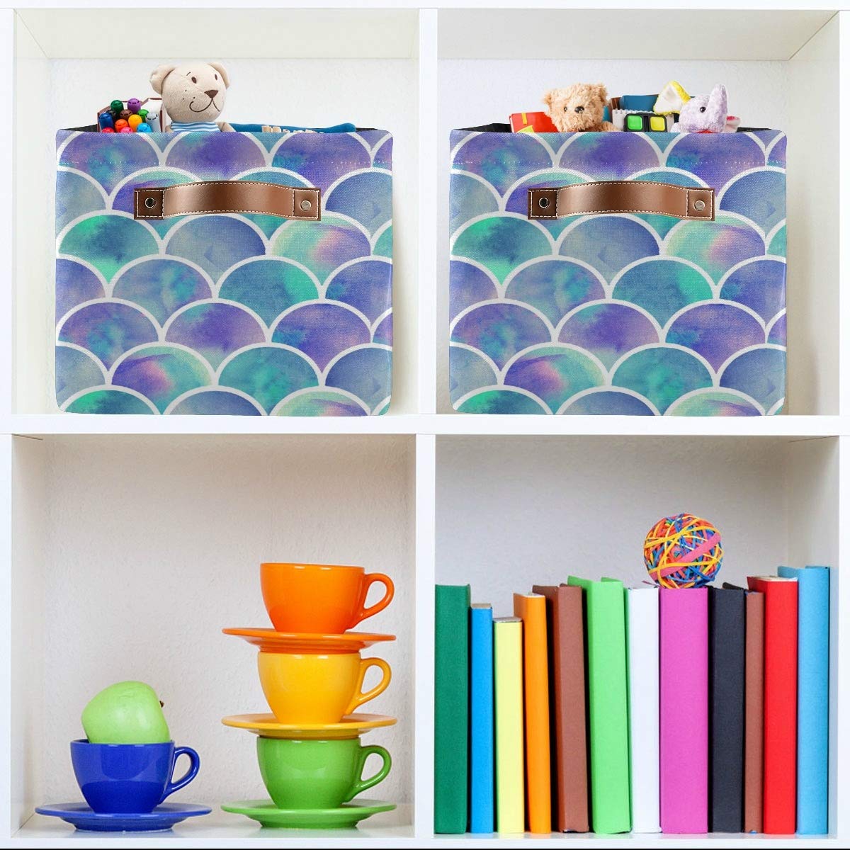 Rainbow Mermaid Scales Square Storage Basket - Canvas Closet & Shelf Organizer for Home Office - Foldable Decorative Bin for Toys, Books, Laundry (1 Pack) | Perfect for Bedroom, Bathroom & Kids Room Organization