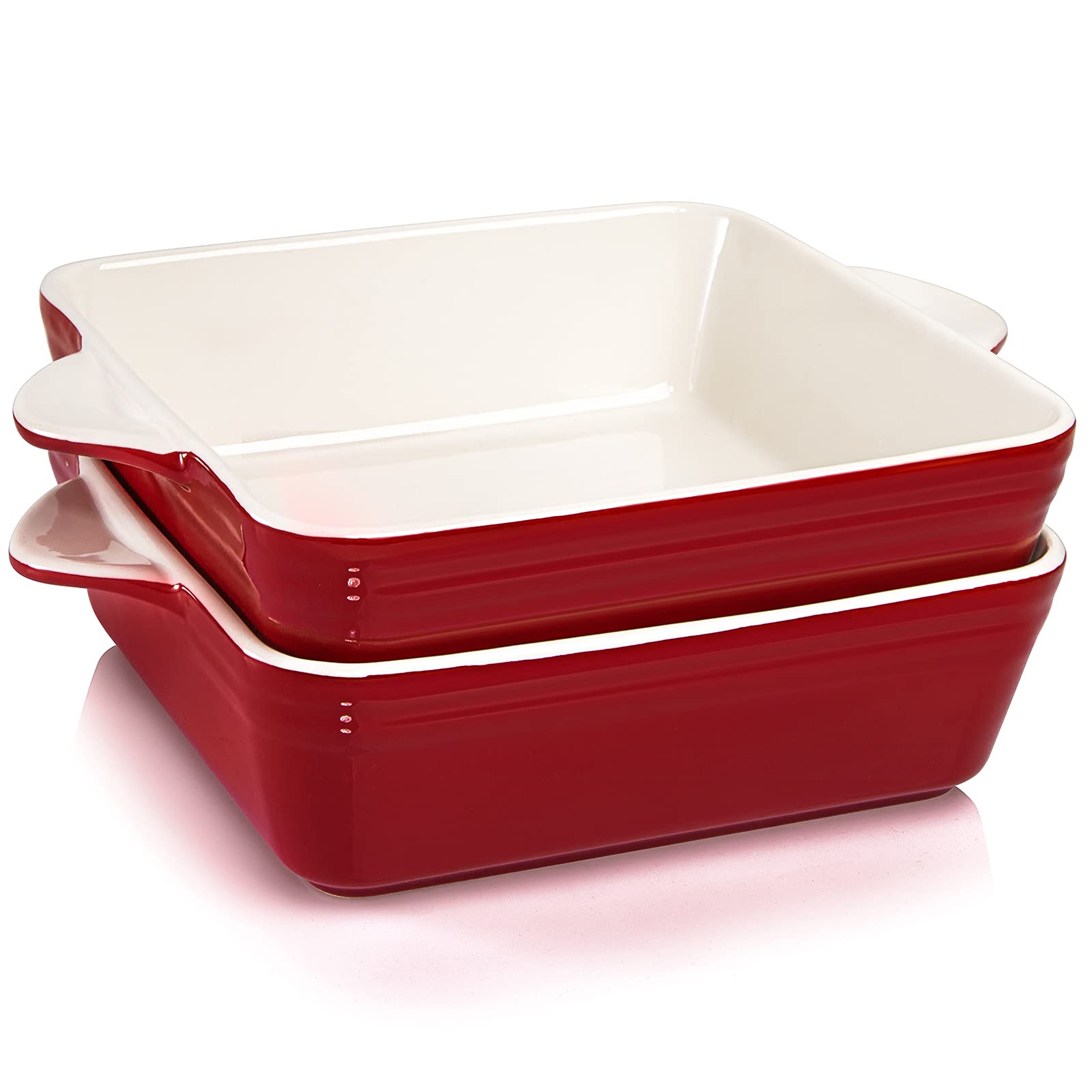 AVLA 2-Pack 9x9 Inch Porcelain Baking Dish Set - Square Brownie Pan, Lasagna Dish & Roasted Meat Bakeware (62oz, Vintage Red) - Perfect for Baking, Casseroles & Holiday Cooking - Double Handle Design for Easy Serving