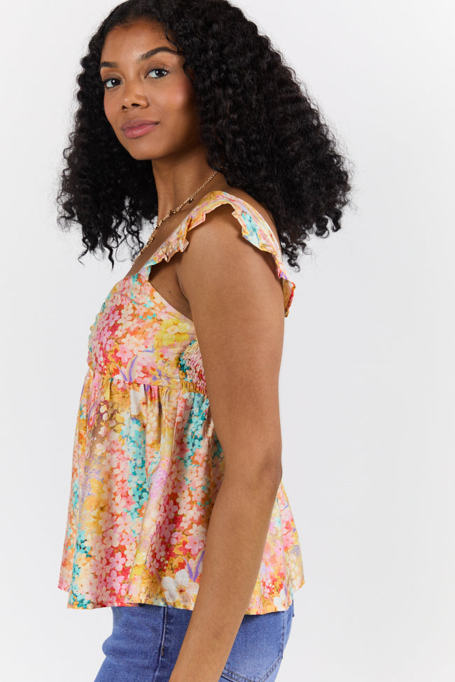 Flowers On My Mind Women's Floral Print Cinched Bust Tank Top - Summer Casual Wear, Beach Outfit & Boho Fashion