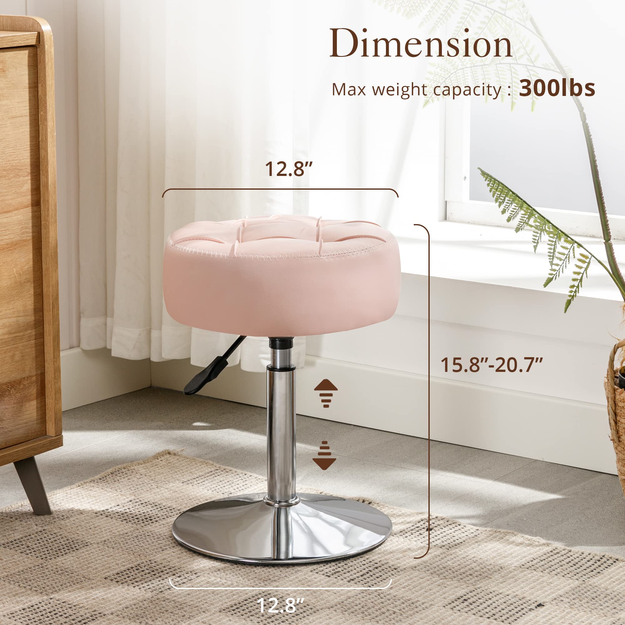 LUE BONA Adjustable Vanity Stool with 360° Swivel - Pink Faux Leather Makeup Chair for Bathroom, Bedroom & Living Room - Perfect for Dressing Table, Cosmetics Organization & Home Decor