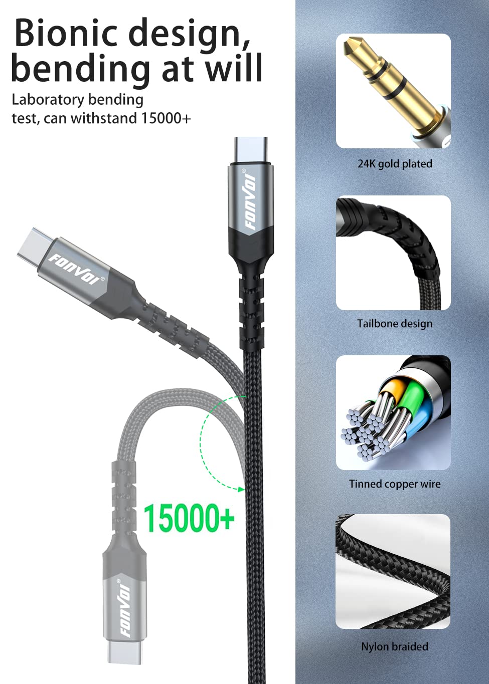 FONVOi USB C to 3.5mm Aux Audio Cable - 8FT+8FT Stereo Jack Adapter for iPhone 15, Google Pixel, Samsung Galaxy, iPad Pro | Car Audio, Home Theater & Gaming Headphone Connection