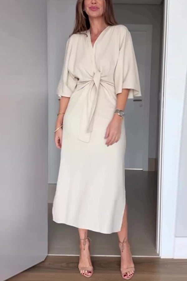 Solid Color V-Neck Half Sleeve Casual Waist-Tied Midi Dress for Women - Perfect for Summer Outings, Beach Vacations & Date Nights