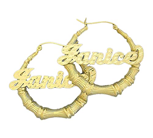 10K Real Gold Personalized Custom Script Name Bamboo Hoop Earrings – 1 3/8 Inch Dainty Jewelry for Women – Perfect for Gifts, Weddings & Everyday Wear