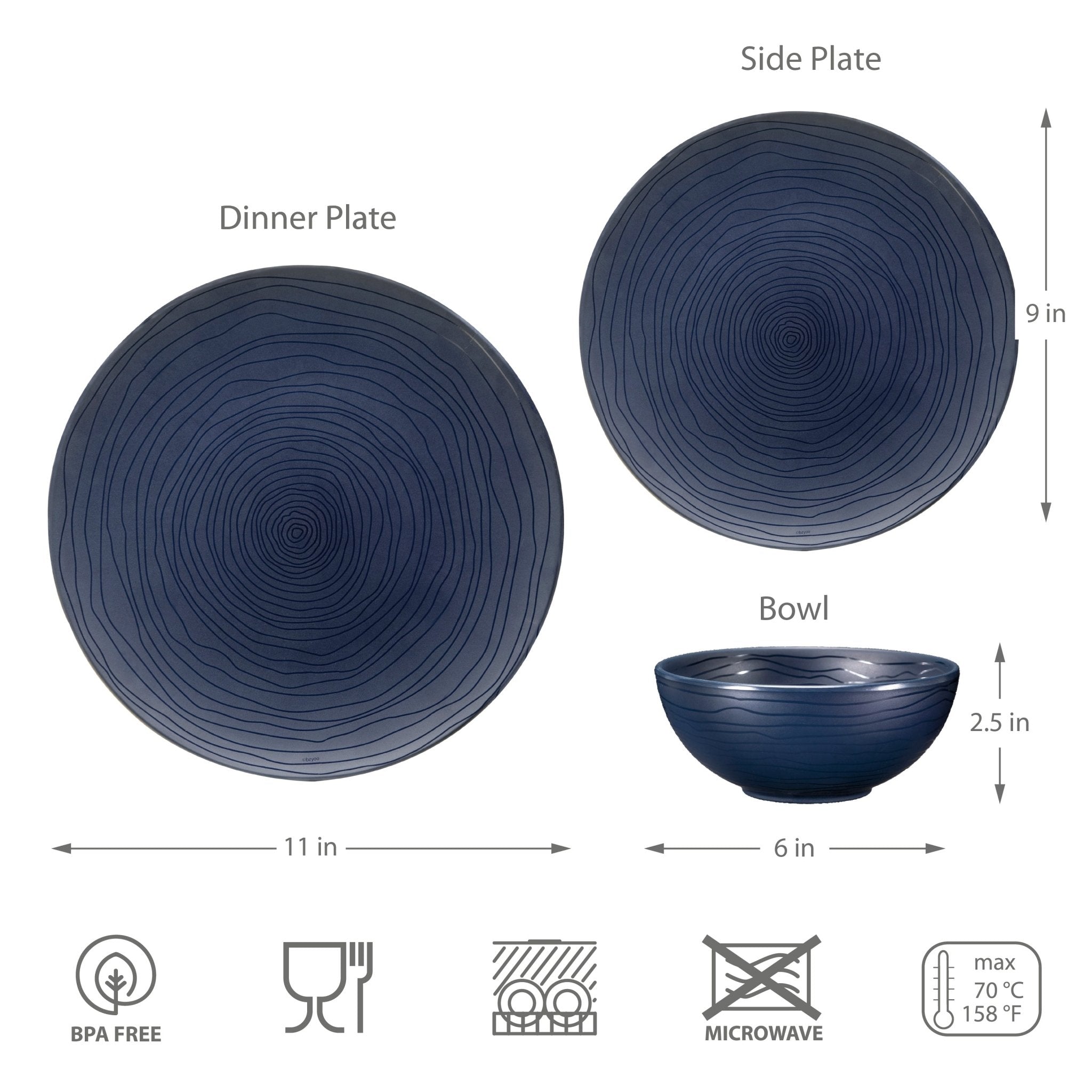 12-Piece Organic Melamine Dinnerware Set - French Navy Plates & Bowls for Outdoor Dining, Picnics, and Camping