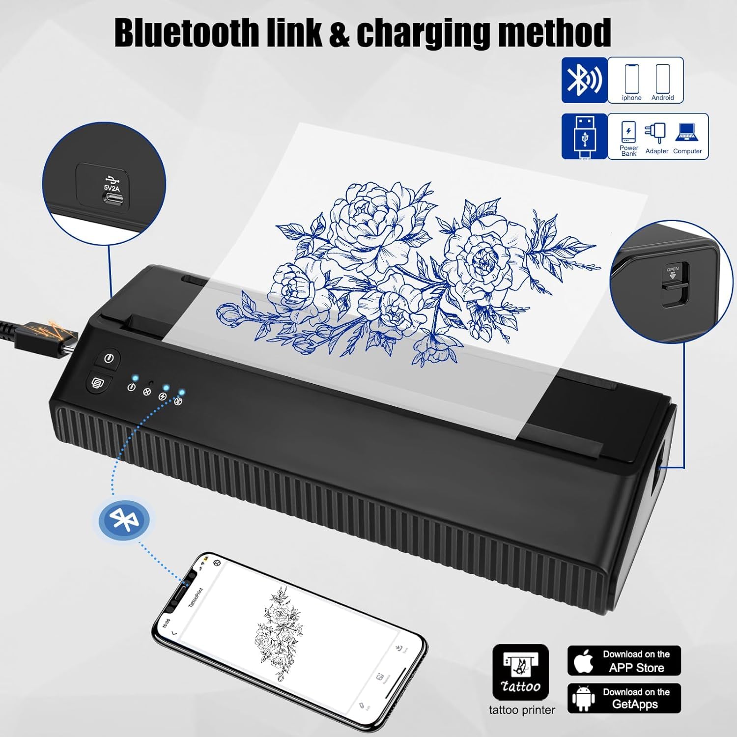 MOKOHOA Bluetooth Tattoo Transfer Printer - Portable Stencil Machine with 10 Sheets Thermal Paper & 2500mAh Battery | Wireless Tattoo Stencil Maker for Professional Artists & Home Use