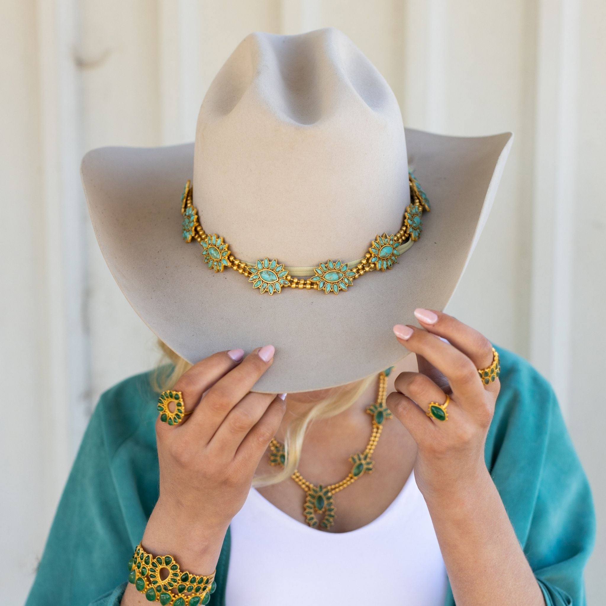 Handmade Squash Blossom Turquoise Hat Band - Western Style Accessory for Cowboy Hats, Boho Fashion & Music Festivals