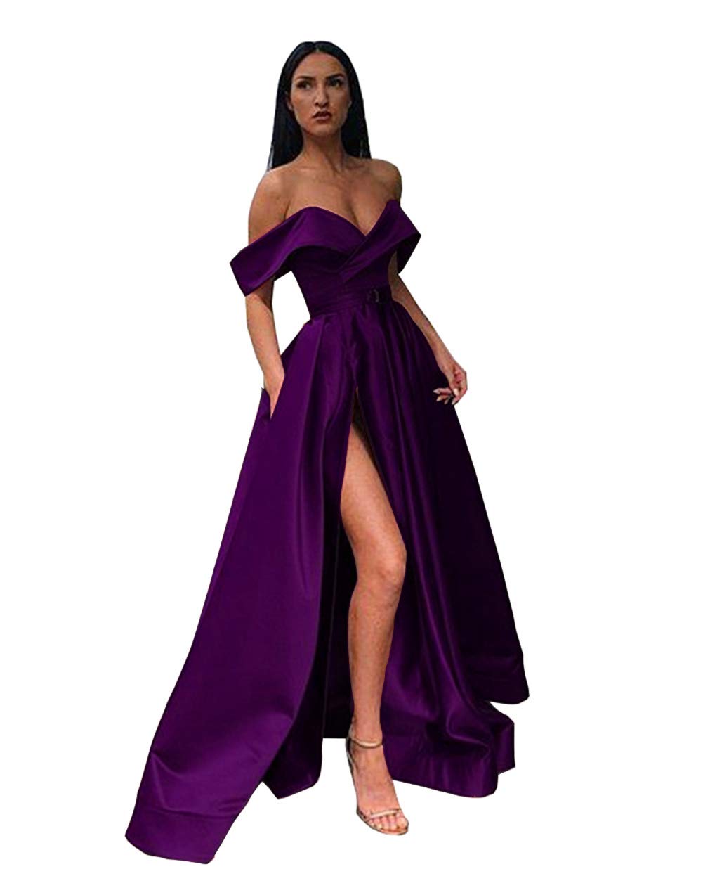 Emanni Women's Off Shoulder Long Satin Prom Dress with Side Slit - A-Line Evening Gown for Formal Parties, Homecoming, Wedding Guest - Dark Purple Elegant Party Dress