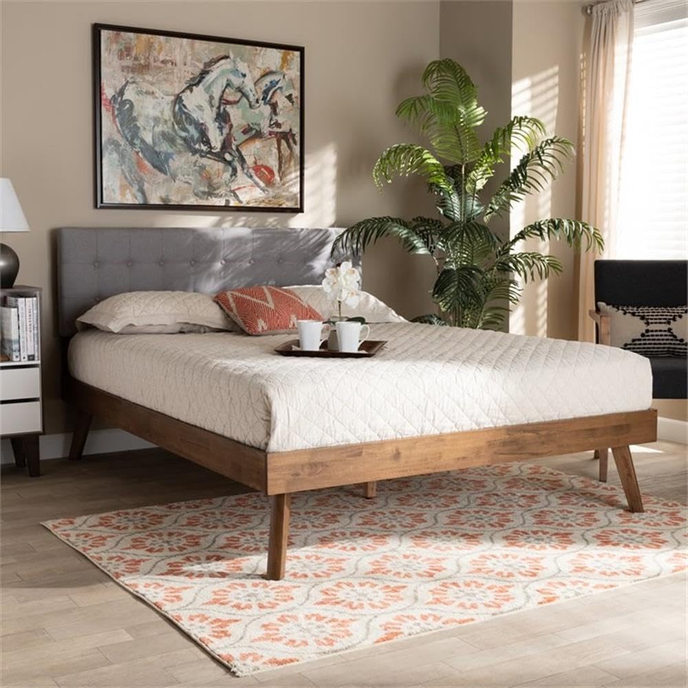 BOWERY HILL Mid-Century Modern Fabric Queen Size Platform Bed Frame - Light Gray/Walnut Finish - Sturdy Wood Slat Support - Perfect for Contemporary Bedrooms & Guest Rooms
