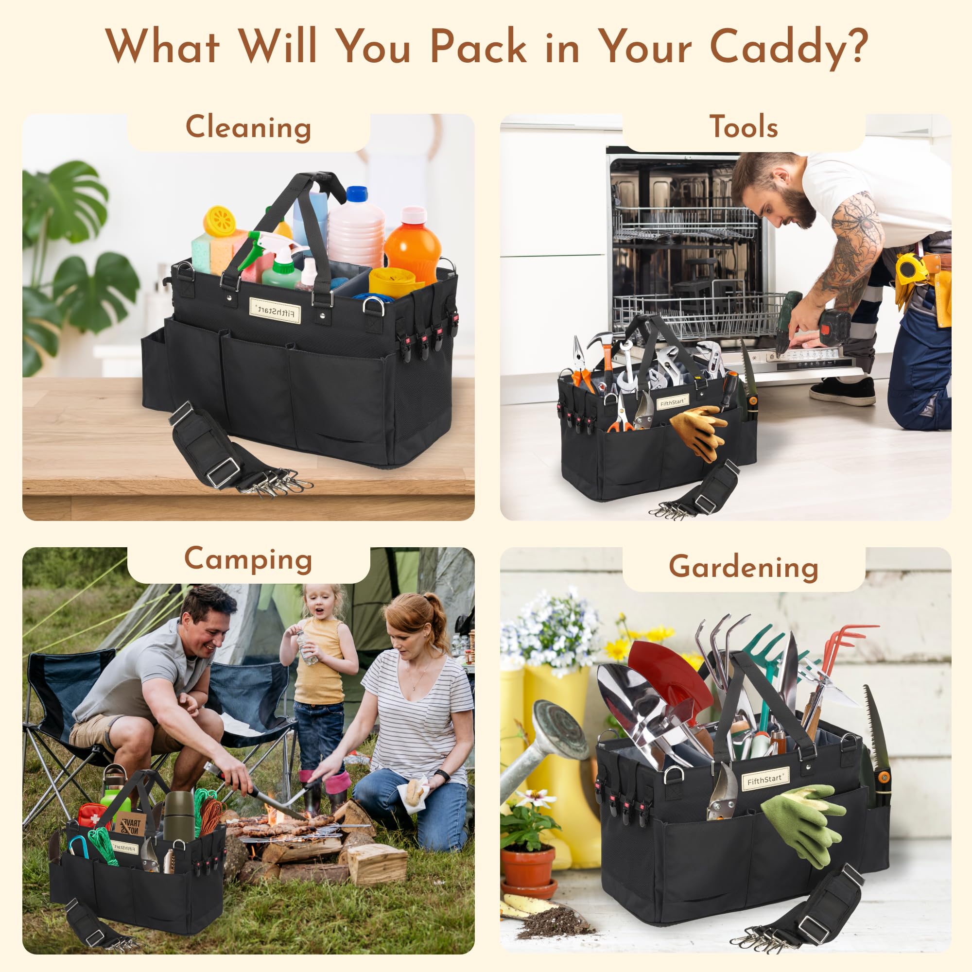 **FifthStart Multi-Purpose Cleaning Caddy with Waist & Shoulder Strap – 9-Pocket Tote Organizer for Housekeeping, Gardening, Fishing & Bathroom Storage | Adjustable Compartments, Large Black Utility Caddy with Handle | Perfect for Home, Office & Outdoor Use**
